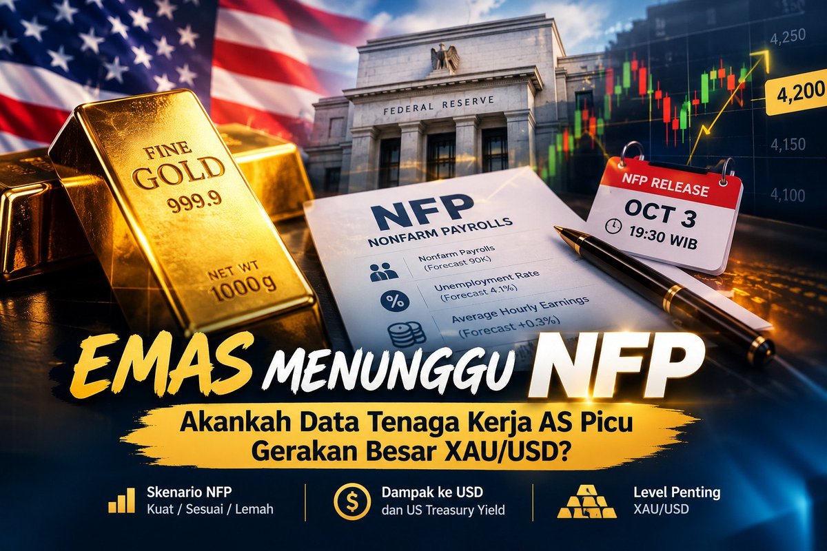 JavaFutures's tweet photo. Emas Menunggu NFP: Akankah Data Tenaga Kerja AS Picu Gerakan Besar XAU/USD? 

Harga emas (XAU/USD) masih bergerak hati-hati di sekitar $4150 - 4200 per troy ouncemenjelang rilis data Nonfarm Payrolls (NFP) Amerika Serikat. Investor cenderungmenahan diri karena data tenaga kerja kali ini bisa memberikan petunjuk pentingmengenai arah suku bunga The Fed. 

Disi si lain, Dolar AS masih berada di level kuat, sementara imbal hasil Treasuryyang tinggi membuat emas yang tidak memberikan bunga menjadi kurang menarik. 

Pasar memperkirakanekonomi AS hanya menambah sekitar 90 ribu pekerjaan pada September, turun cukupjauh dari 162 ribu pada Agustus. Tingkat pengangguran diperkirakan tetap di4,1%. Selain jumlah pekerjaan, trader juga perlu memperhatikan Average Hourly Earningsatau pertumbuhan upah, karena data tersebut dapat memberikan gambaran mengenaitekanan inflasi dan arah kebijakan The Fed berikutnya.

#JAVAFX #JAVAFXTrading #JAVAFXBroker #JAVAFXForex #NFP #NonFarmPayroll #XAUUSD