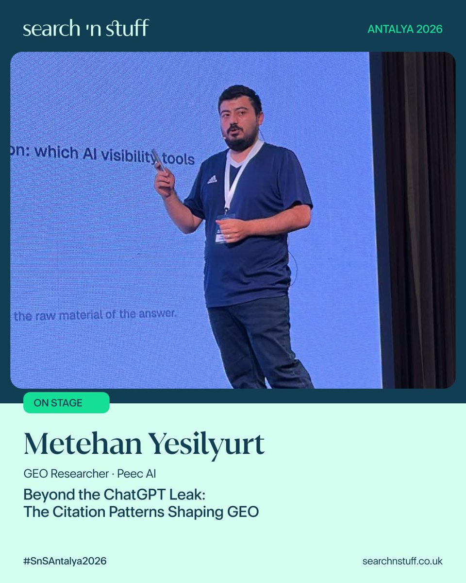 searchandstuff's tweet photo. 🔎 Which actions raise your chances of being cited in ChatGPT, Gemini and Perplexity, and which classic tactics backfire? @metehan777 of Peec AI shares the patterns in “Beyond the ChatGPT Leak: The Citation Patterns Shaping GEO.” #SearchNStuffAntalya https://t.co/aN4SUfHA02