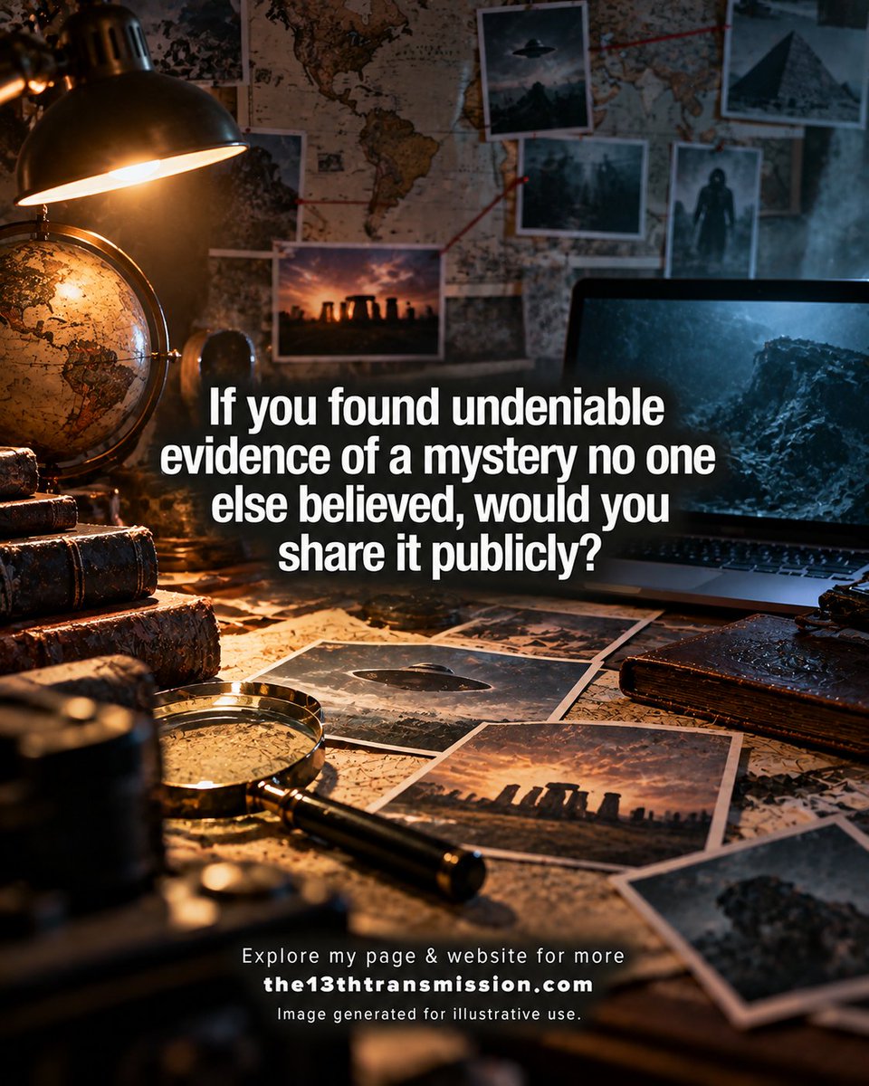 13thXmission's tweet photo. If you found undeniable evidence of a mystery no one else believed, would you share it publicly?

Please note, image generated for illustrative use

@13thXmission  #The13thTransmissionQuestion https://t.co/BJ1tFGAQGd