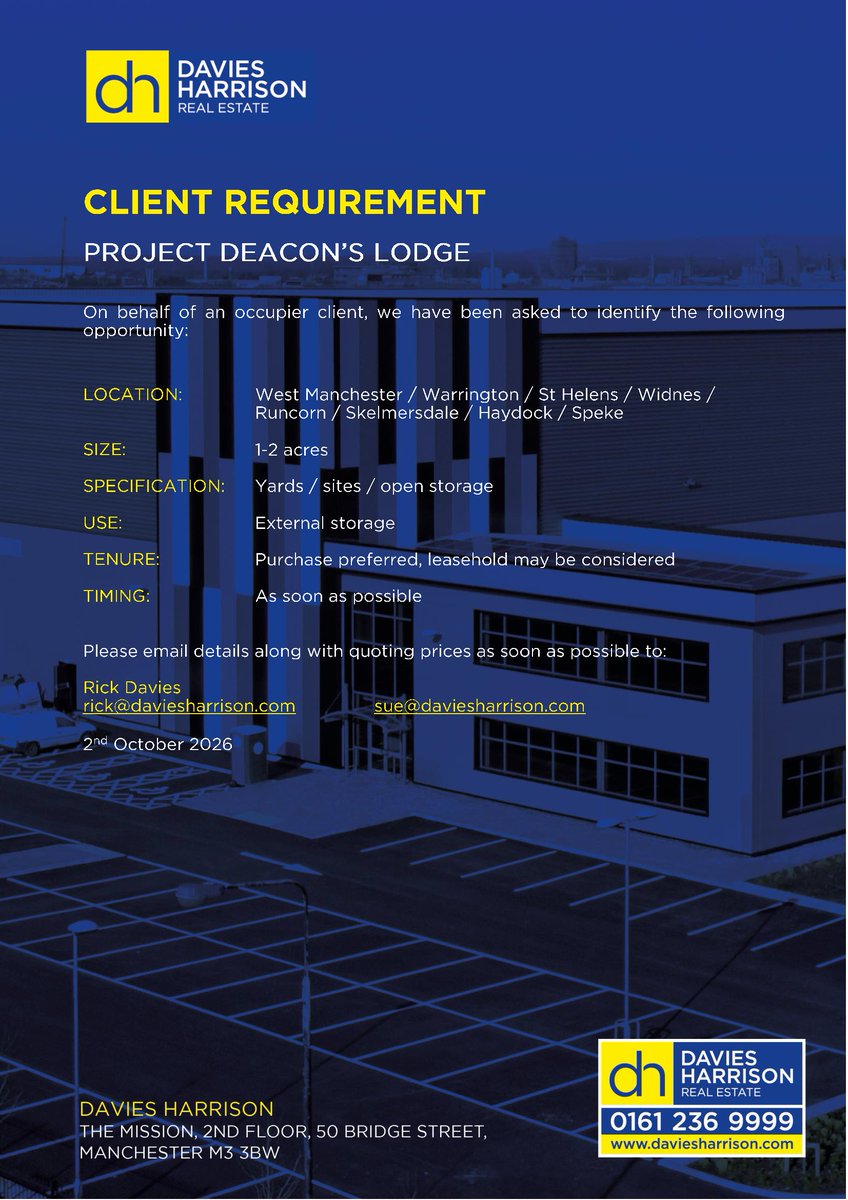 daviesharrison's tweet photo. #clientrequirement Looking for a site of 1-2 acres for use as #externalstorage in #westmanchester #warrington #sthelens #widnes #runcorn #skelmersdale #haydock #speke Purchase preferred, leasehold may be considered. Please forward details to Rick and Sue as soon as possible https://t.co/Zg4JhqSNrf