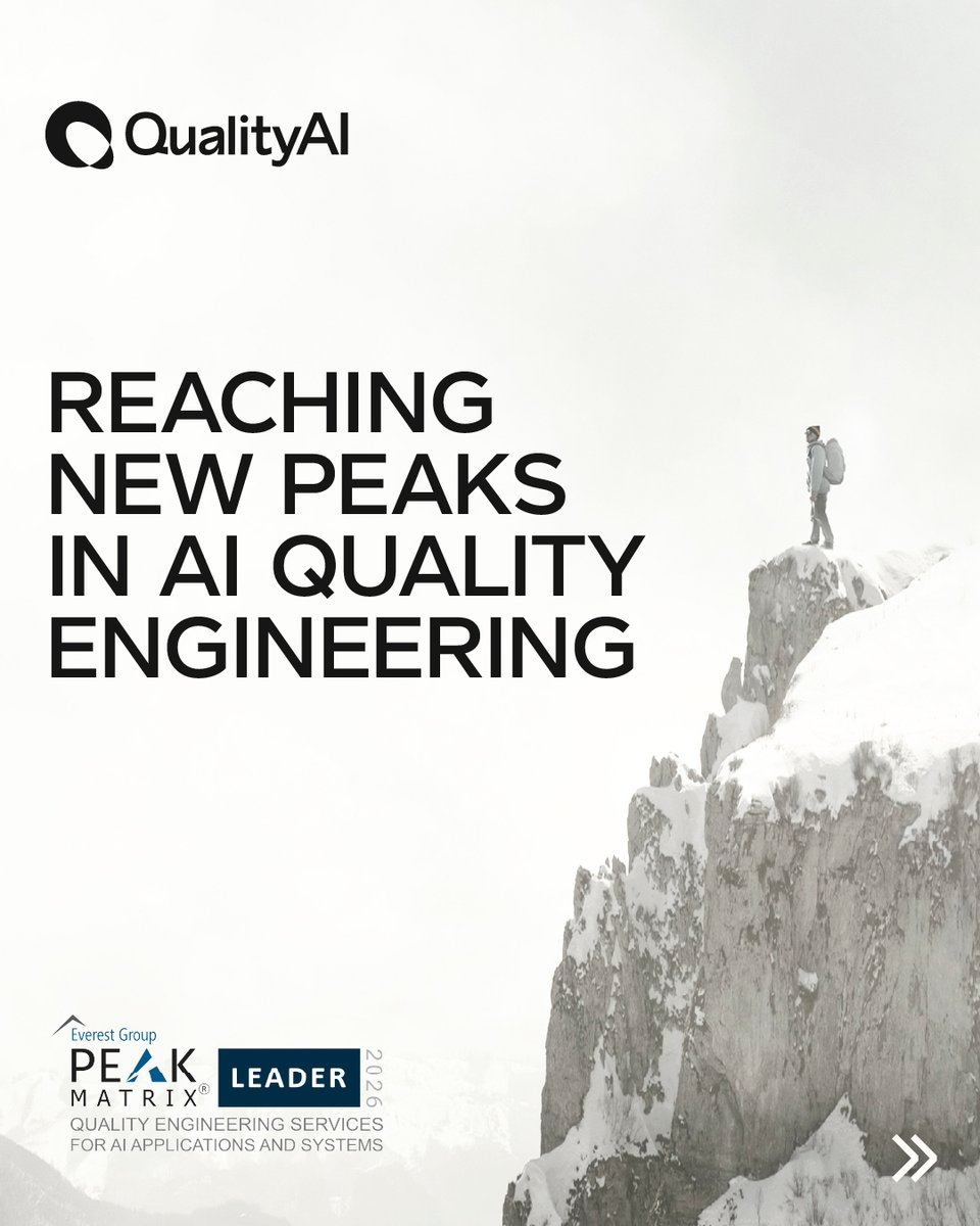 QualityAIGroup's tweet photo. A new milestone in AI quality!
 
QualityAI is proud to be named a Leader in @EverestGroup’s 2026 Quality Engineering Services for AI Applications and Systems PEAK Matrix® Assessment, building on our repeat Leader recognition.
 
https://t.co/U3Y4xLU6uC
 
#QualityAI #AIAssurance https://t.co/qOTbYCxeSD