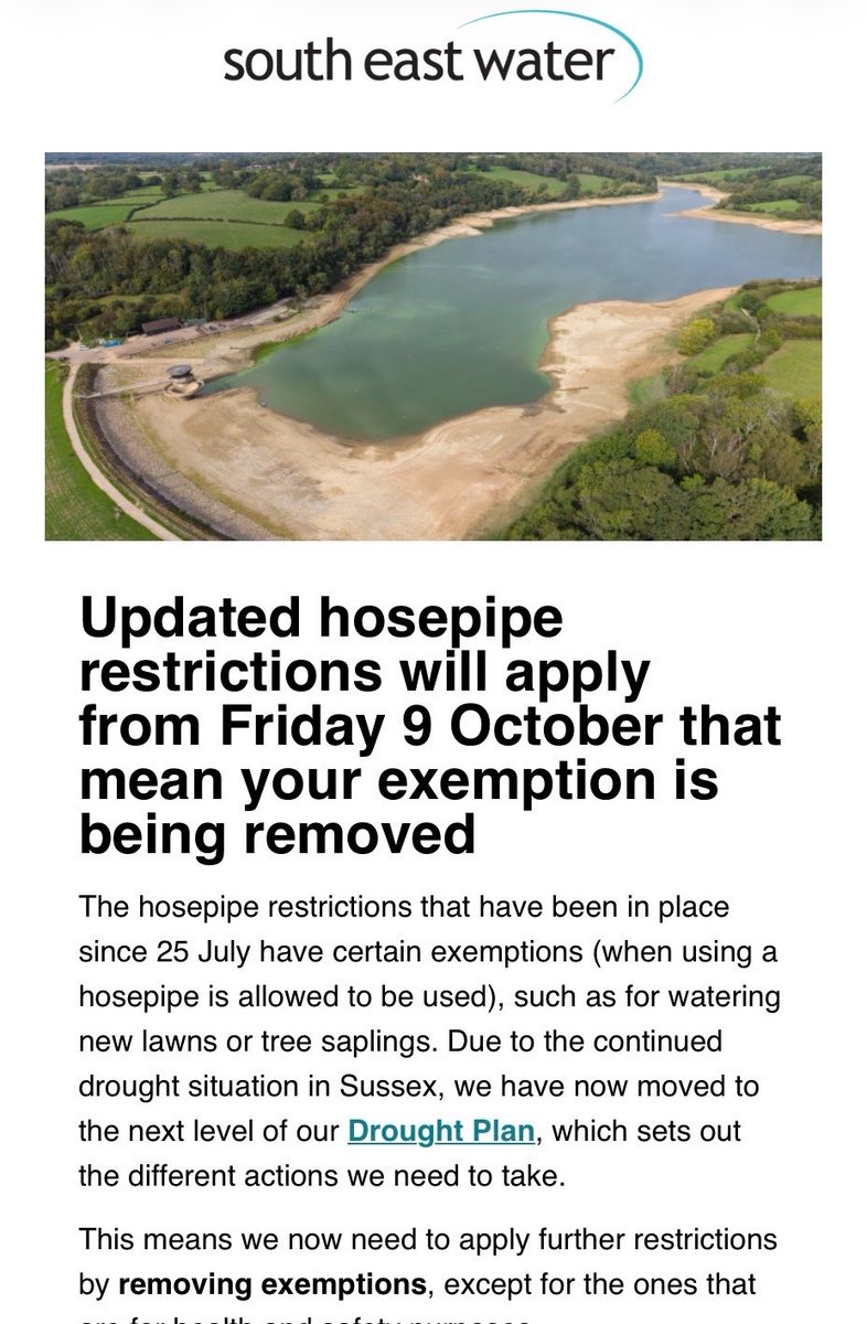 SM89890435's tweet photo. @sewateruk @DefraGovUK Have just received your latest email informing us of even stricter water regulations as we head towards winter. Every reason under the sun but out of your control cited yet properties supplied by Southern Water despite the same weather issues have not had even a hosepipe ban. 🤔 https://t.co/ADc7YAKazd