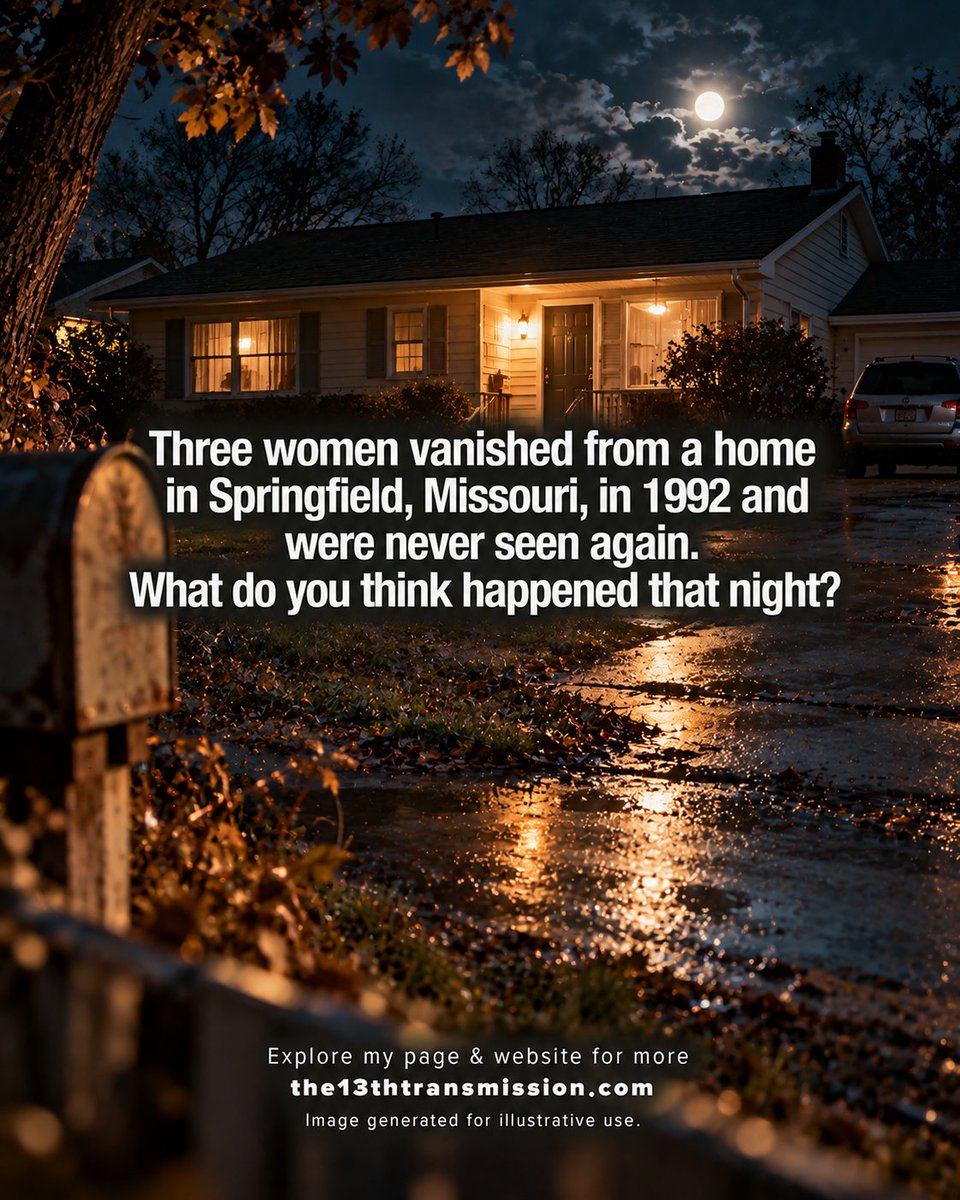 13thXmission's tweet photo. Three women vanished from a home in Springfield, Missouri, in 1992 and were never seen again. What do you think happened that night?
Please note, image generated for illustrative use
@13thXmission #The13thTransmissionQuestion #SpringfieldThree https://t.co/Uw1fsdw0Wa
