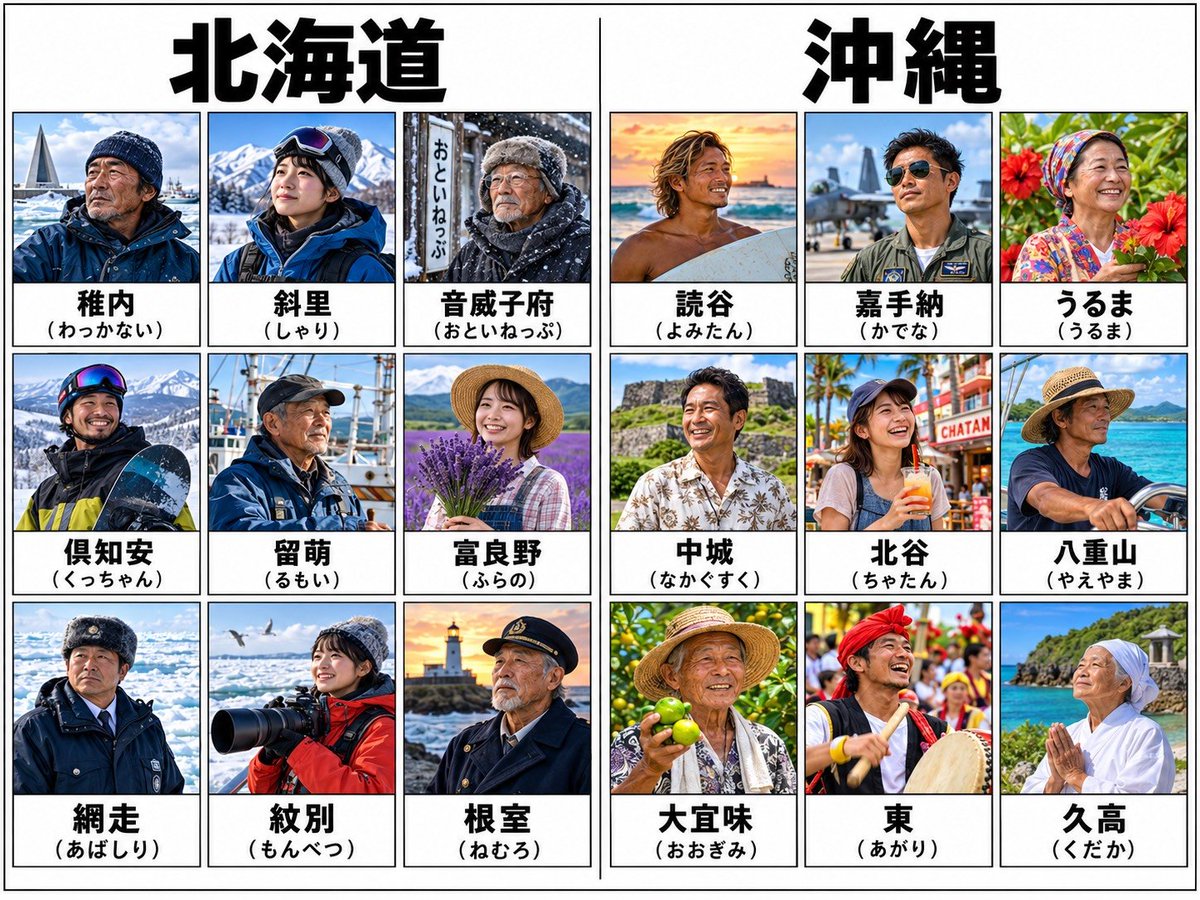 bkcusb's tweet photo. 地元民しか読めない難読地名

←北海道　　　　　　　　沖縄→ https://t.co/m0sn7rnvXN