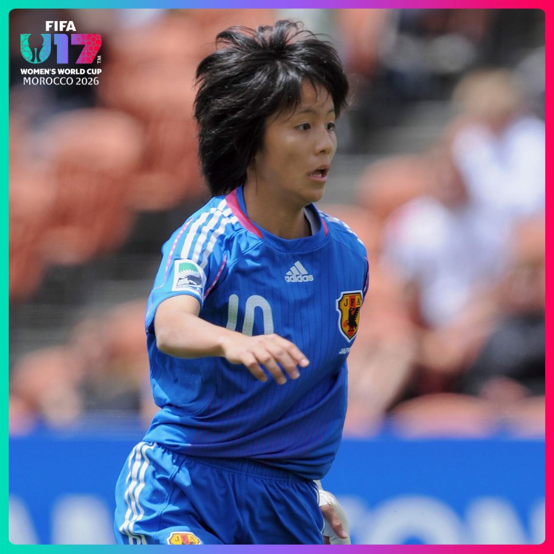A Japanese women's national team player wearing the blue #10 jersey is captured in action on the field, with the "FIFA U17 Women's World Cup Morocco 2026" logo visible in the top corner. The image aligns with the post celebrating Mana Iwabuchi's performance for @JFA_Nadeshiko during the #U17WWC tournament.