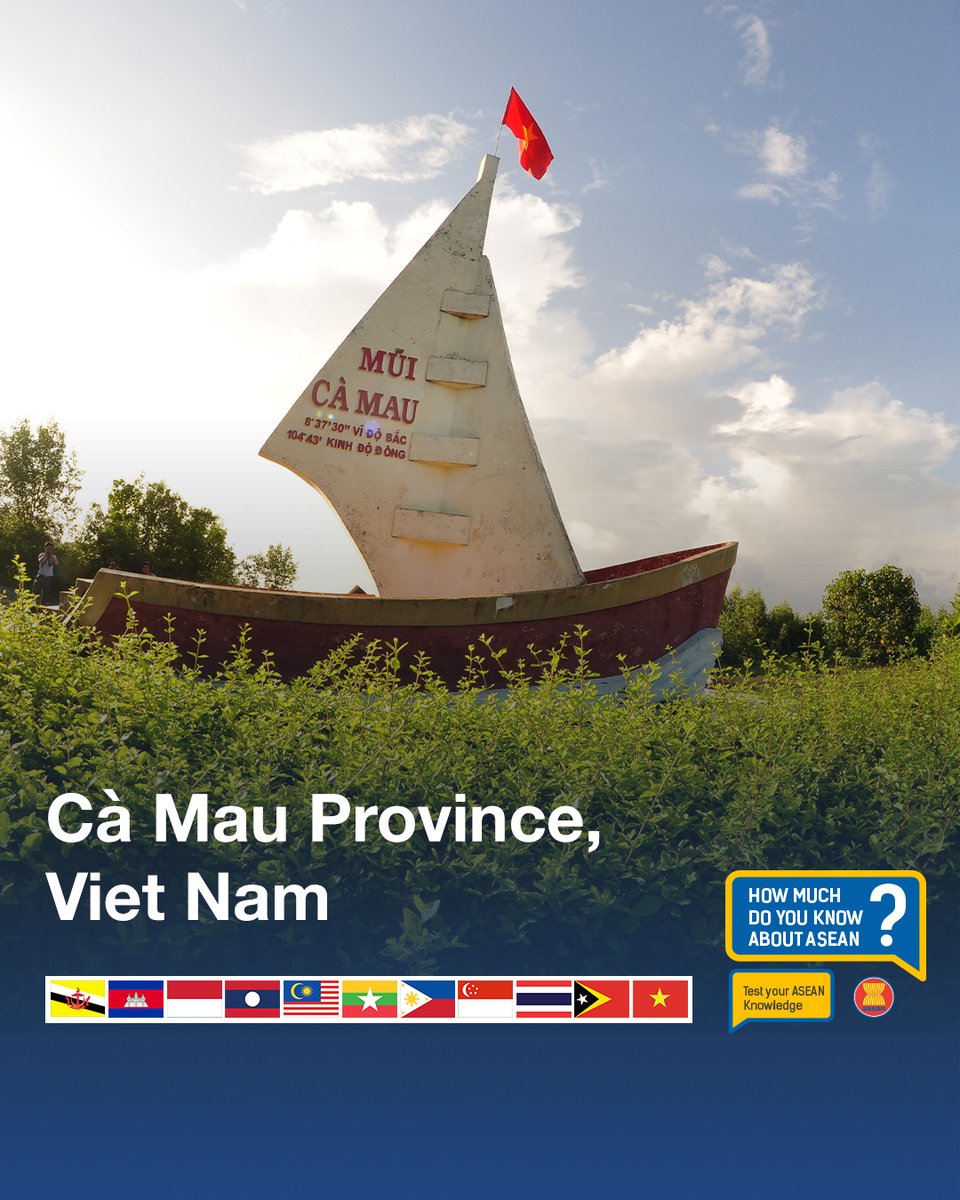 ASEAN's tweet photo. Located in the southernmost part of Viet Nam, Cà Mau is defined by its vast coastal landscape and intricate network of rivers and canals. 

With a coastline stretching over 300 km, the province is surrounded by both the East Sea and the Gulf of Thailand, shaping its strong connection to marine and riverine ecosystems. The province is also home to rich biodiversity, including mangrove forests such as U Minh, and diverse communities that contribute to its cultural landscape.

One of its most notable landmarks is Cape Cà Mau, a symbolic point where land extends toward the sea at the southern edge of the country.