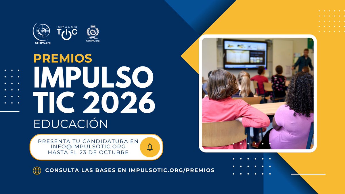 impulsotic's tweet photo. 📚 ¿Tu centro educativo fomenta el talento digital y la programación? Presenta tu proyecto al Premio iTIC Educación 2026 antes del 23 de octubre. 

🏫 ¡Conoce más datos!

 https://t.co/RcCTjLprwl https://t.co/Qt5RNFzVF6