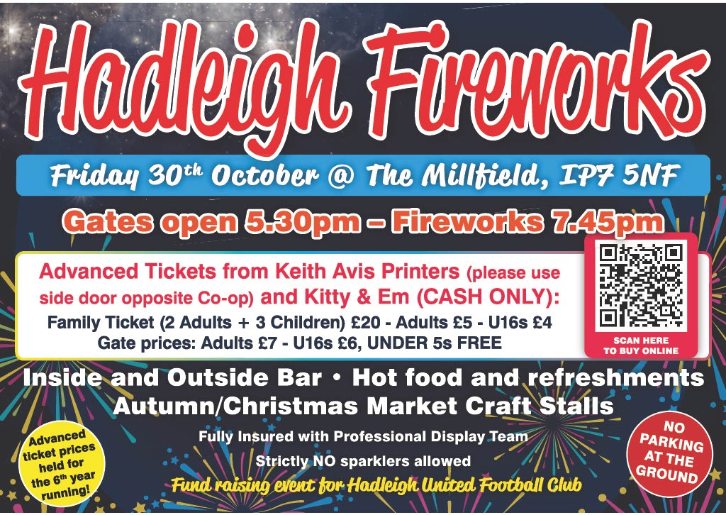 wherecanwego's tweet photo. Hadleigh Fireworks
The Millfield Tinkers Lane, Hadleigh, Suffolk Friday 30 October
https://t.co/1FpKjEE8zq
#wherecanwego #localevents #whatson #freeadvertising #ukevents #suffolk https://t.co/0WBEM5r0Tq
