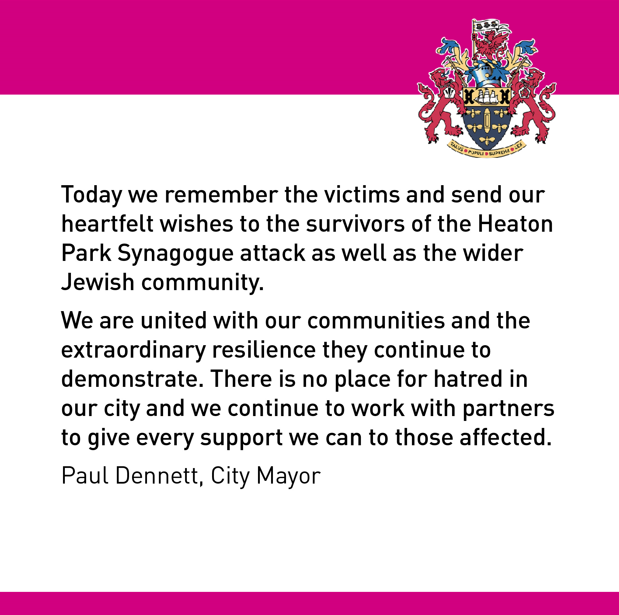 salford_mayor's tweet photo. My statement on the anniversary of the terrorist attack at Heaton Park Synagogue. https://t.co/dEIulf5SzX