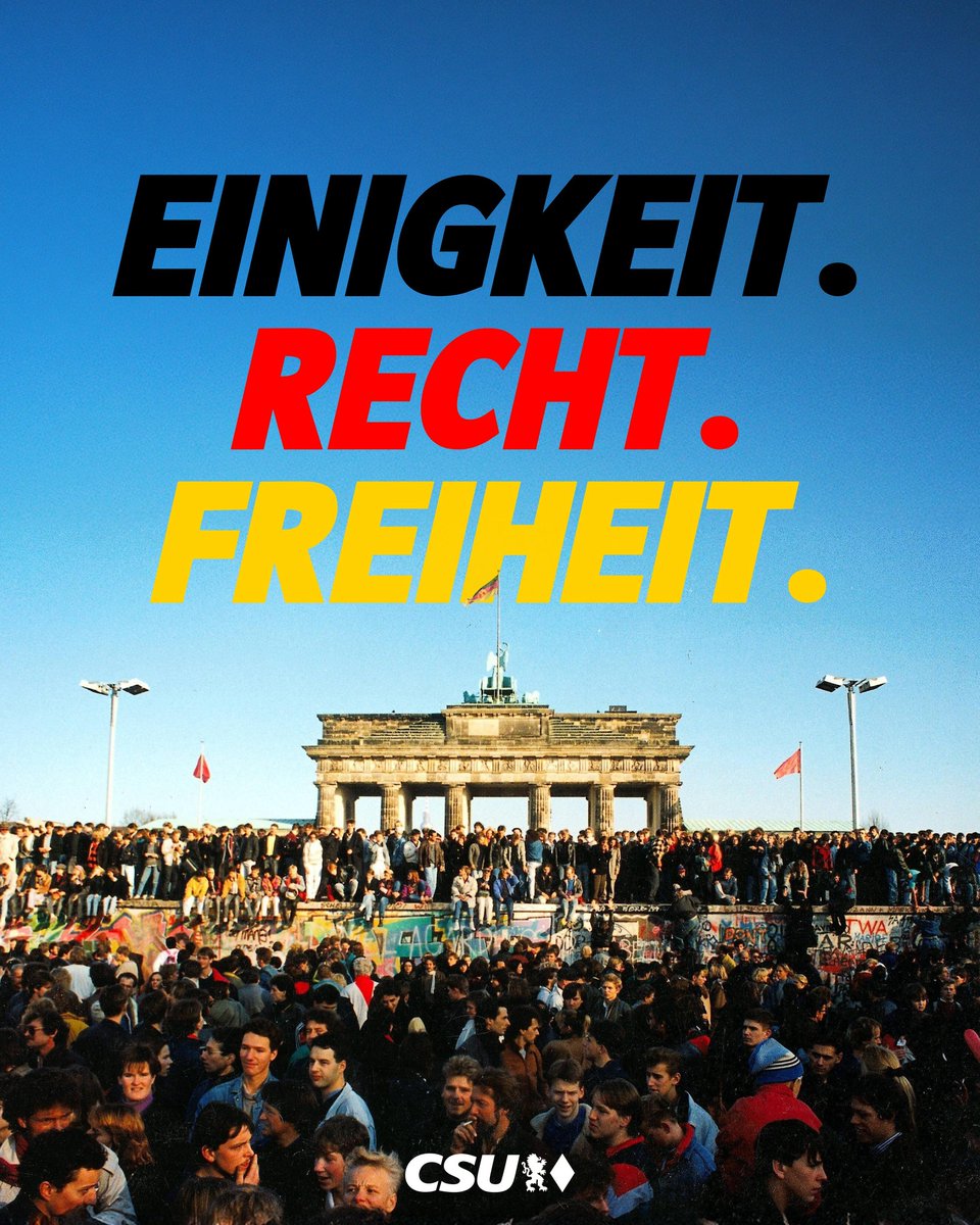 CSU's tweet photo. Wir erinnern uns dankbar an die vielen Frauen und Männer, die ein unmenschliches System überwunden haben. Ihr Mut ist uns bis heute Auftrag und Verpflichtung: Wir müssen in Deutschland und Europa gemeinsam jeden Tag neu einstehen für Einigkeit und Recht und Freiheit. Euch allen einen schönen Tag der Deutschen Einheit!