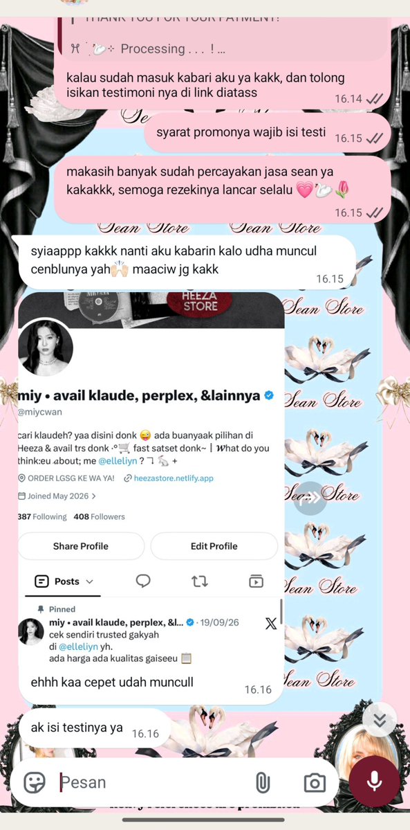 seansoang's tweet photo. 𓊆ྀི  𝒦ℯ𝒹𝒶𝒾 𝒮𝓌𝒶𝓃 𓊇ྀི
——————— • • 
testimoni jasa cenblue by @seansoang 💗🦢

08 - testi kedelapaaannng 😘😘 https://t.co/etufCri6ej