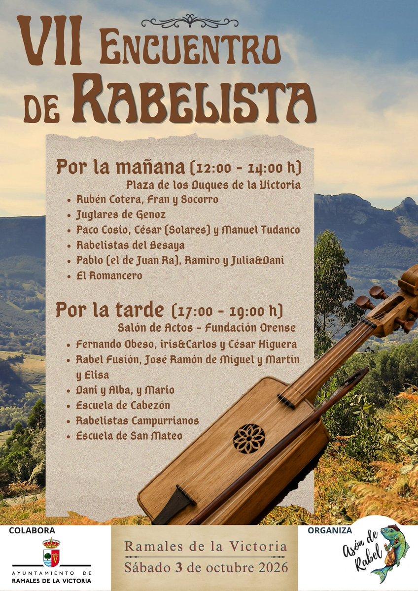 rabelistas's tweet photo. 🎻 VII ENCUENTRO RABELISTAS
Listado definitivo de participantes
📅 Mañana sábado, 3 de octubre de 2026
Y RECUERDA:
Hoy a las 19:00 h en el Salón de Actos - Fundación Orense
💢 PANDERETERAS DE GENOZ

#RamalesdelaVictoria #Ramales #Cultura #Folk https://t.co/mtTBPWgXW6