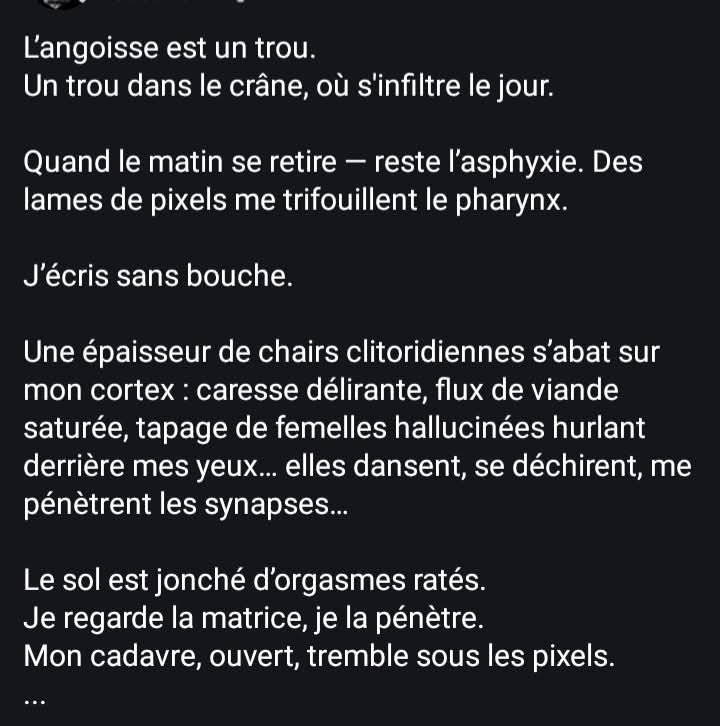 younisos's tweet photo. Poésie viscérale, charnelle et expérimentale 
....
#PoésieTrash #poetry #érotisme #flesh #undergroundpoetry #ExperimentalPoetry #poésieviscérale
#poésieexpérimentale #poesie 
#poésiecontemporaine #cyberpunk 
#cyberpoetry #cyberflesh #dystopique #dystopian #dystopia
#digital https://t.co/UetMOZ4oAW