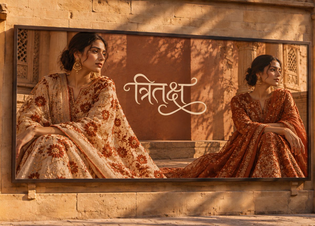 RotliwalaSakhi's tweet photo. Every Indian luxury label speaks the same language: maroon, gold, paisley and an English serif. 

For Tritaksh, we drew a Devanagri logo that moves like a thread, folk sparrows in modern lines, and a pallete of terracotta and champange sand. https://t.co/6rLlejEYQQ