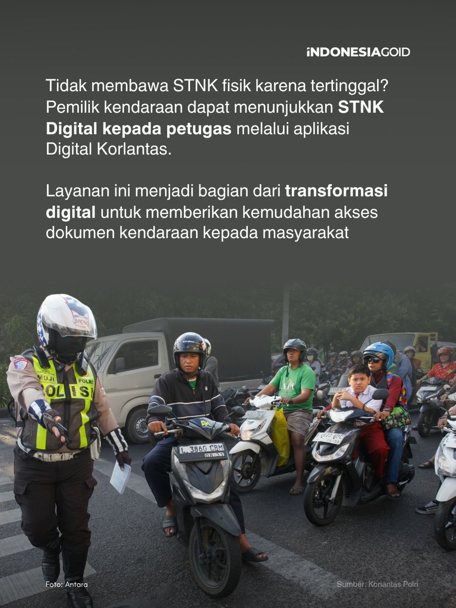 indonesiago_id's tweet photo. Tenang, sekarang STNK ada versi digitalnya di aplikasi Digital Korlantas Polri! Sah secara hukum kok, jadi aman kalau fisik ketinggalan.
#STNKDigital https://t.co/CII9aITnnt