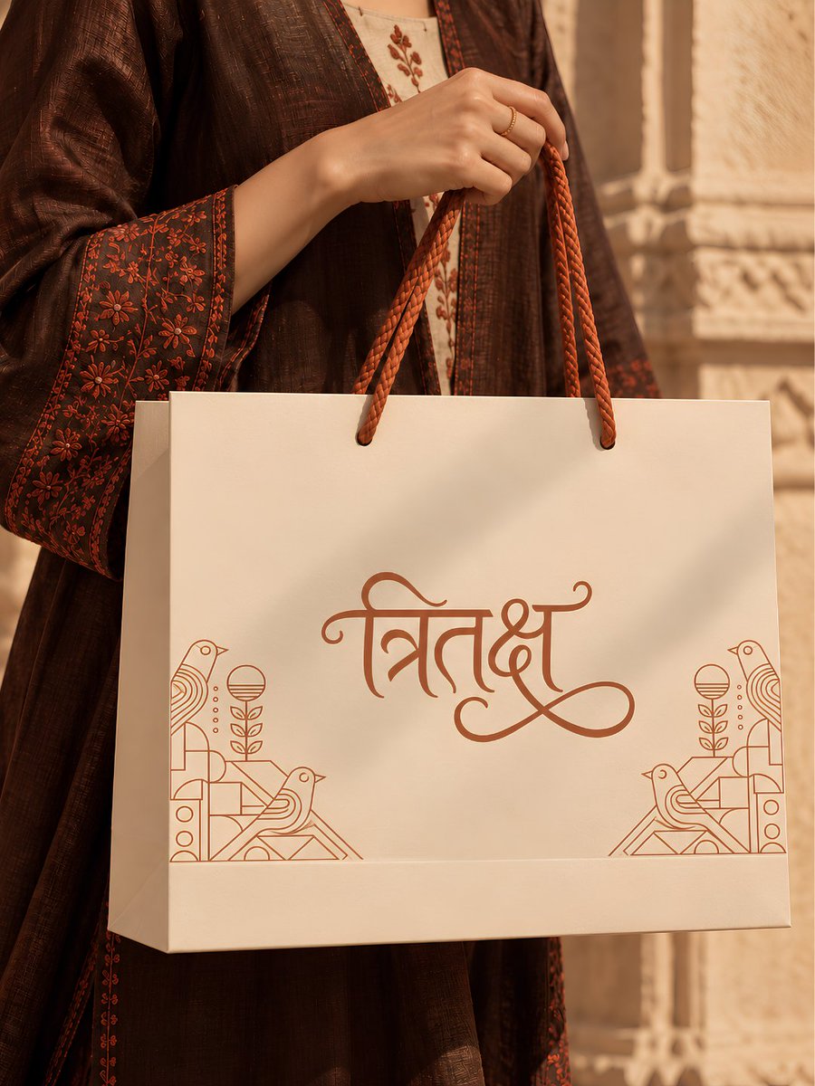 RotliwalaSakhi's tweet photo. Every Indian luxury label speaks the same language: maroon, gold, paisley and an English serif. 

For Tritaksh, we drew a Devanagri logo that moves like a thread, folk sparrows in modern lines, and a pallete of terracotta and champange sand. https://t.co/6rLlejEYQQ