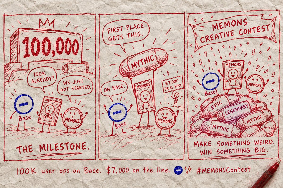 DUNXHOITALLYOUR's tweet photo. 100K user ops on Base. $7,000 on the line. 🔵✨
Drew this with a red pen in 10 minutes. 3 panels.
@apepeofficial @base #MEMONSContest #MEMONS #Base #APEPE https://t.co/smNnaCIo08