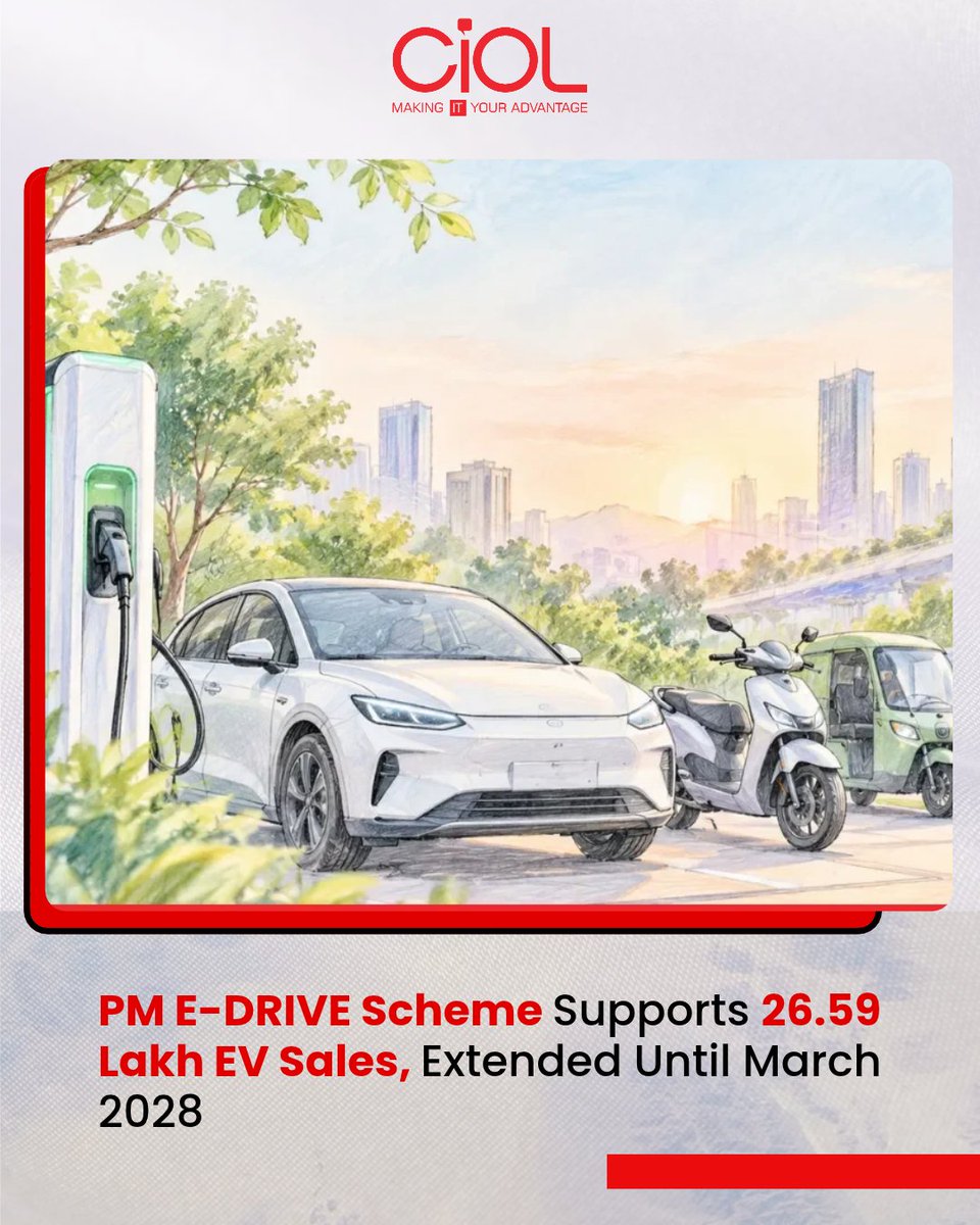 CiOL_News's tweet photo. PM E‑DRIVE Powers 26.59 Lakh EVs
The PM E‑DRIVE scheme has supported 26.59 lakh EV sales, with its timeline now extended to March 2028 and a total outlay of ₹11,900 crore.
By Deepali: https://t.co/xyWdCdBZ8S
#CIOL #PMEDRIVE #EV #SustainableMobility https://t.co/5sK0VQfNj8