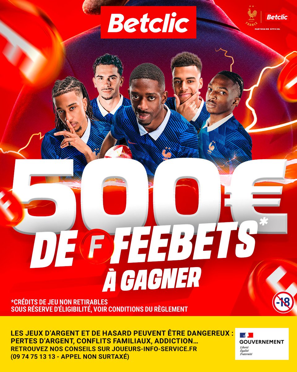 Betclic's tweet photo. MATCH DES BLEUS = FEEEEEEBETS* 💥🇫🇷

France – Italie, Zidane aux commandes et 10 x 50€ de Feebets* pour vibrer toute la soirée 🎁🤌

🍀 RT + ton pseudo + #CoupDeBoostBetclic (participations illimitées) https://t.co/7h2FJsLacZ