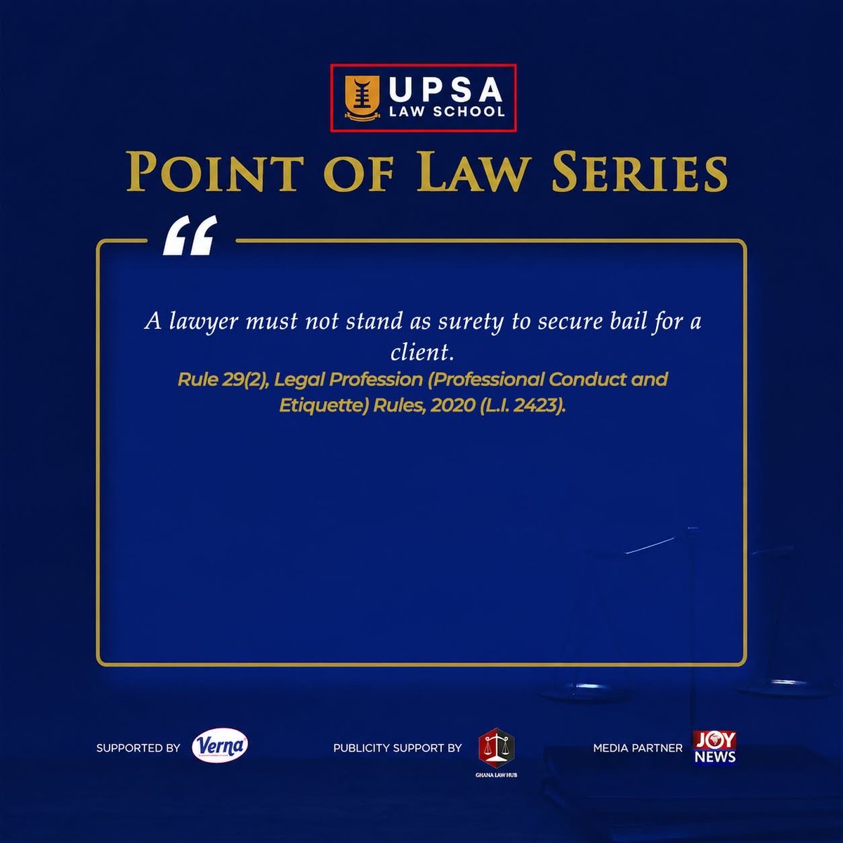 UPSALawSchool's tweet photo. Did you know ?
Lawyers must not stand as surety to secure bail for clients.
#upsa #UPSALawSchool #PointofLaw #POLS #lawyer #Ghana https://t.co/bPz8z2lXpD