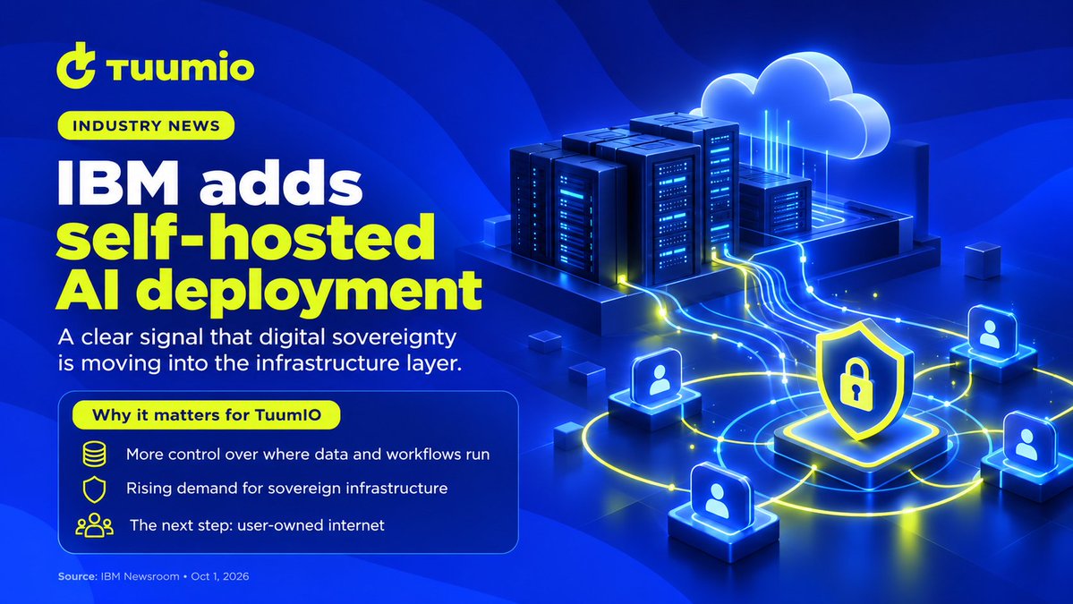 tuum_io's tweet photo. IBM has added self-hosted AI deployment, giving enterprises more control over where code, data, and workflows run.
The signal is clear: control matters.TuumIO takes it further toward an internet where control belongs to users, not just enterprises.
#DataSovereignty #Web3 #TuumIO https://t.co/M40cNVJkig