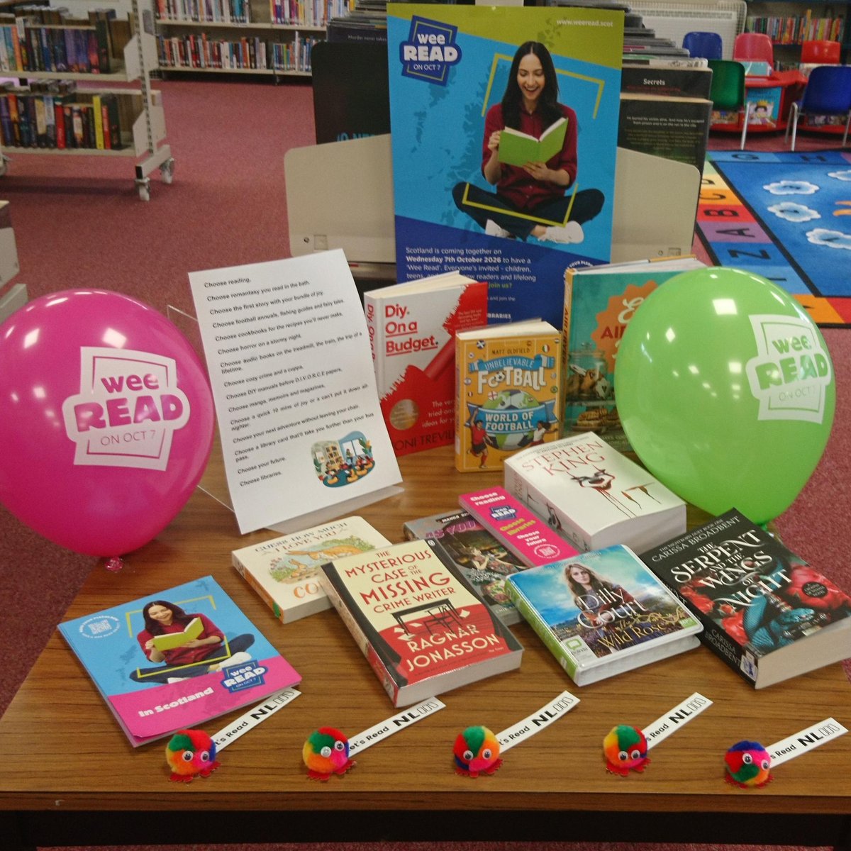 LibrariesNL's tweet photo. Get ready for your #WeeRead26 pledge and pick up a book from our display at #ShottsLib. Not pledged yet? Sign up to read on Wednesday 7 October on the Wee Read website: https://t.co/Bt7BgIPvRI https://t.co/sMx9kbfZop