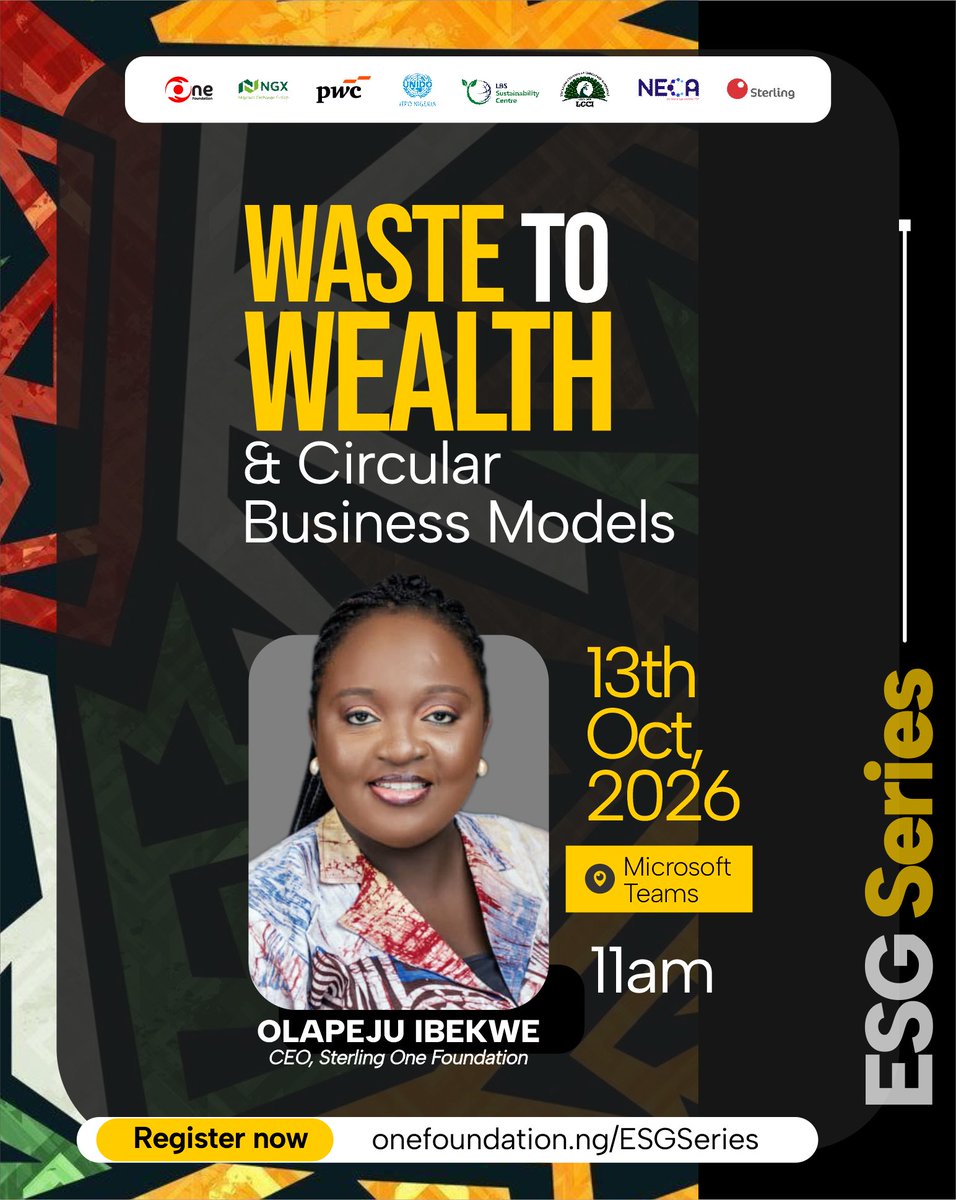 onefoundationng's tweet photo. Meet the Speaker

Olapeju Ibekwe is a social impact leader and sustainability advocate, and the Chief Executive Officer of Sterling One Foundation. She leads initiatives advancing progress across healthcare, education, gender equality, climate action, and food security.

Under her leadership, the Africa Social Impact Summit (ASIS) has grown into a platform for advancing the Sustainable Development Goals (SDGs), while Sterling One Foundation was recognised as the African Union’s private-sector anchor partner for the Women and Youth Financial and Economic Inclusion (WYFEI) Initiative.

Olapeju also serves on the boards of organisations including the United Nations Global Compact Network Nigeria, NECA ESG Advisory Board, UN Women GBV Fund, Health Workers Fund, and QEDA.

Her leadership and contributions to social impact have earned her several recognitions, including Ventures Africa’s 20 Women of Impact and the Leadership Impact Award in Nonprofit Management.

Register now to connect with Olapeju at our upcoming ESG Series Webinar: https://t.co/ZLrewUEVmk

#ESGSeries #WasteToWealth #CircularEconomy #Sustainability #SOF