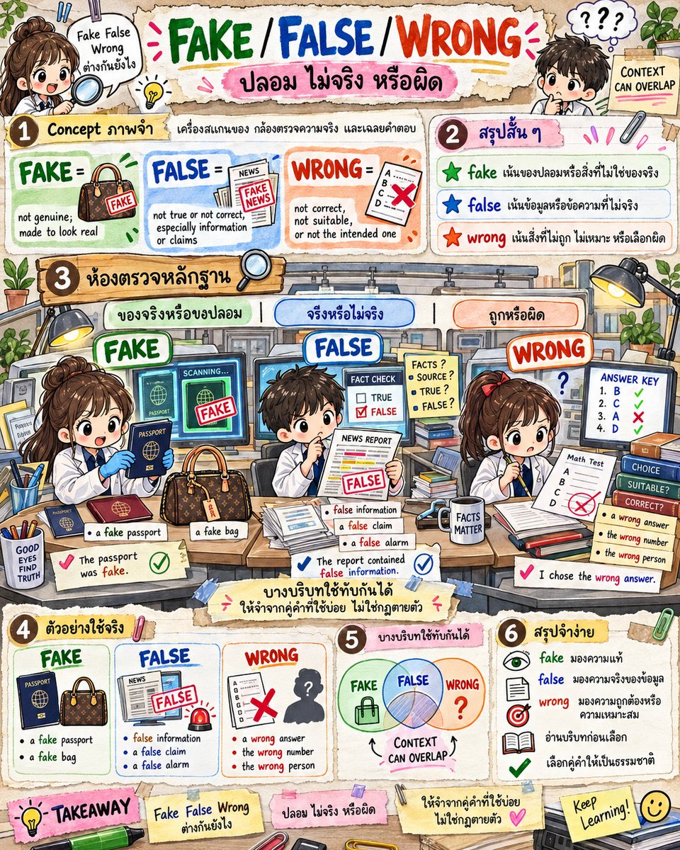 EngnowThailand's tweet photo. fake เน้นไม่ใช่ของจริง, false เน้นข้อมูลไม่จริง, wrong เน้นคำตอบหรือตัวเลือกที่ไม่ถูก แต่บางบริบททับซ้อนได้ #Engnow #EnglishVocabulary https://t.co/JnXIRibv6b