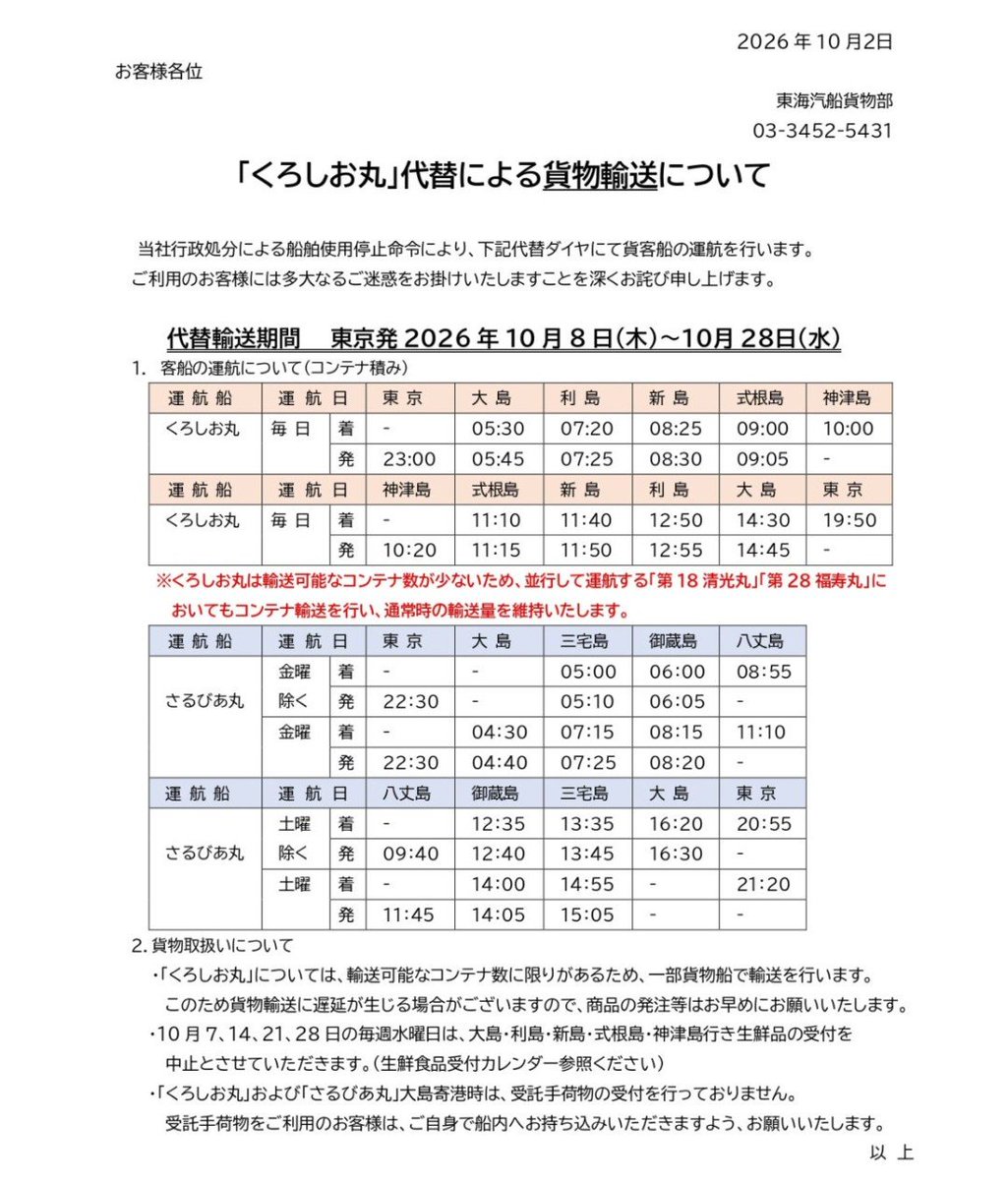 kakakakaonashi's tweet photo. 東海汽船の処分に伴う代船案内
とりあえず出ました

何とか机上の計算上では
貨物輸送も減りませんらしいが
もちろん大型船程の就航率は無理
影響はかなり大きい🫠

しかし毎度ながら
利島、新島、式根島、神津島の
四島が割を喰うの何とかならんか
この四島への処罰なの？
東海汽船頼むわ🙇 https://t.co/Zb3AodMhVT