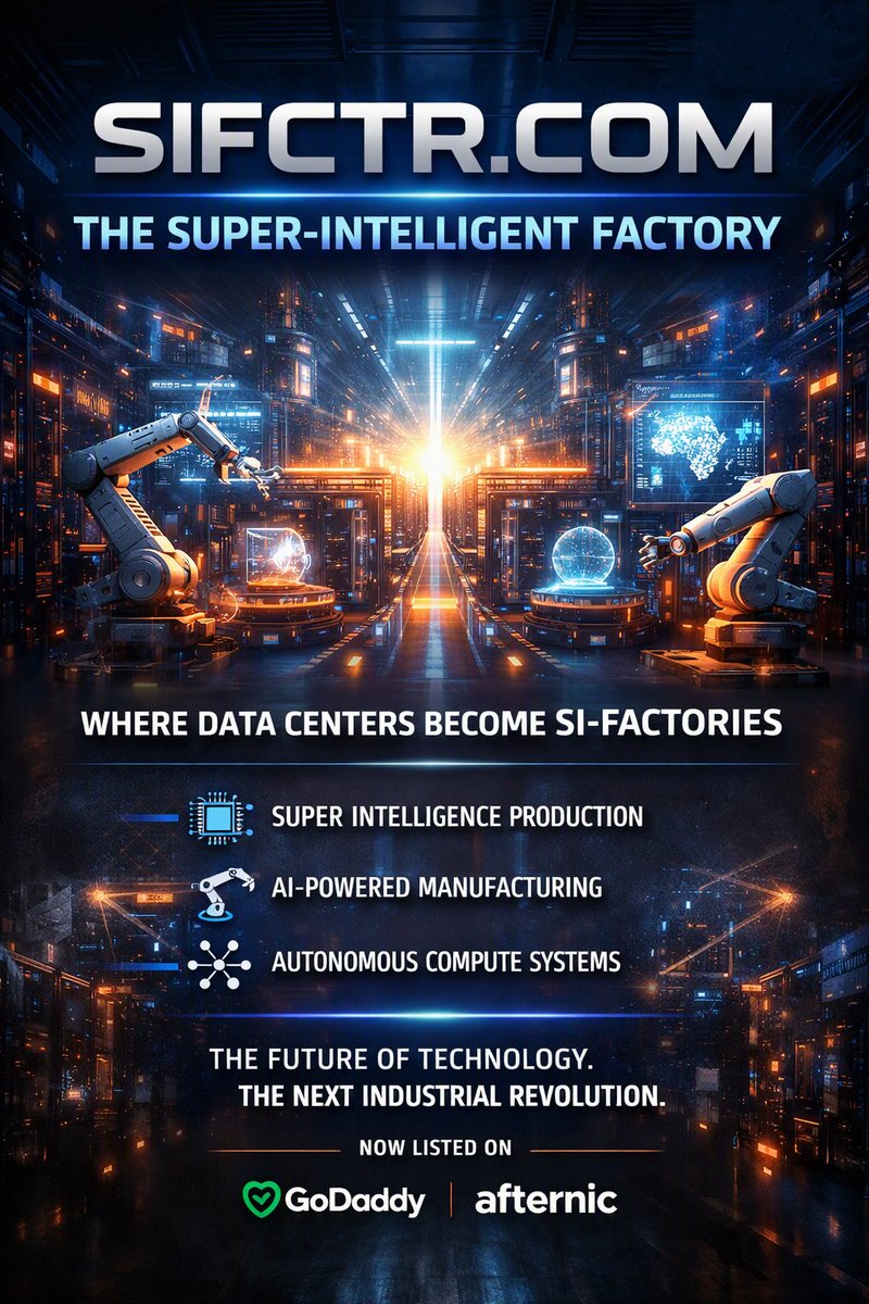 PatternRouaj's tweet photo. Data centers are no longer storage units — they are Super‑Intelligent Factories.

https://t.co/BIsR9tCvbk defines this new era of compute: ⚙️ Super‑Intelligence Production
 🤖 AI‑Powered Manufacturing
 🌐 Autonomous Compute Systems

The future of technology. The next industrial revolution.

Listed on GoDaddy & Afternic. 

#SIFCTR #SuperIntelligentFactories #DataCenters #AIInfrastructure #Compute #AIPowered #AutonomousSystems #TechRevolution #IndustrialRevolution #FutureTech #AI #Biotech #CloudComputing #EdgeComputing #DigitalTransformation #GoDaddy #Afternic #PremiumDomains #TechInnovation #NextEra