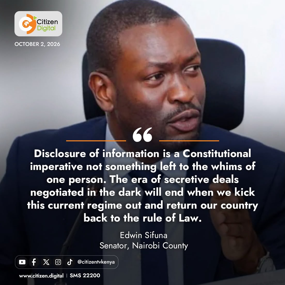 citizentvkenya's tweet photo. Disclosure of information is a Constitutional imperative not something left to the whims of one person. The era of secretive deals negotiated in the dark will end when we kick this current regime out and return our country back to the rule of Law https://t.co/HUvmLanPXS