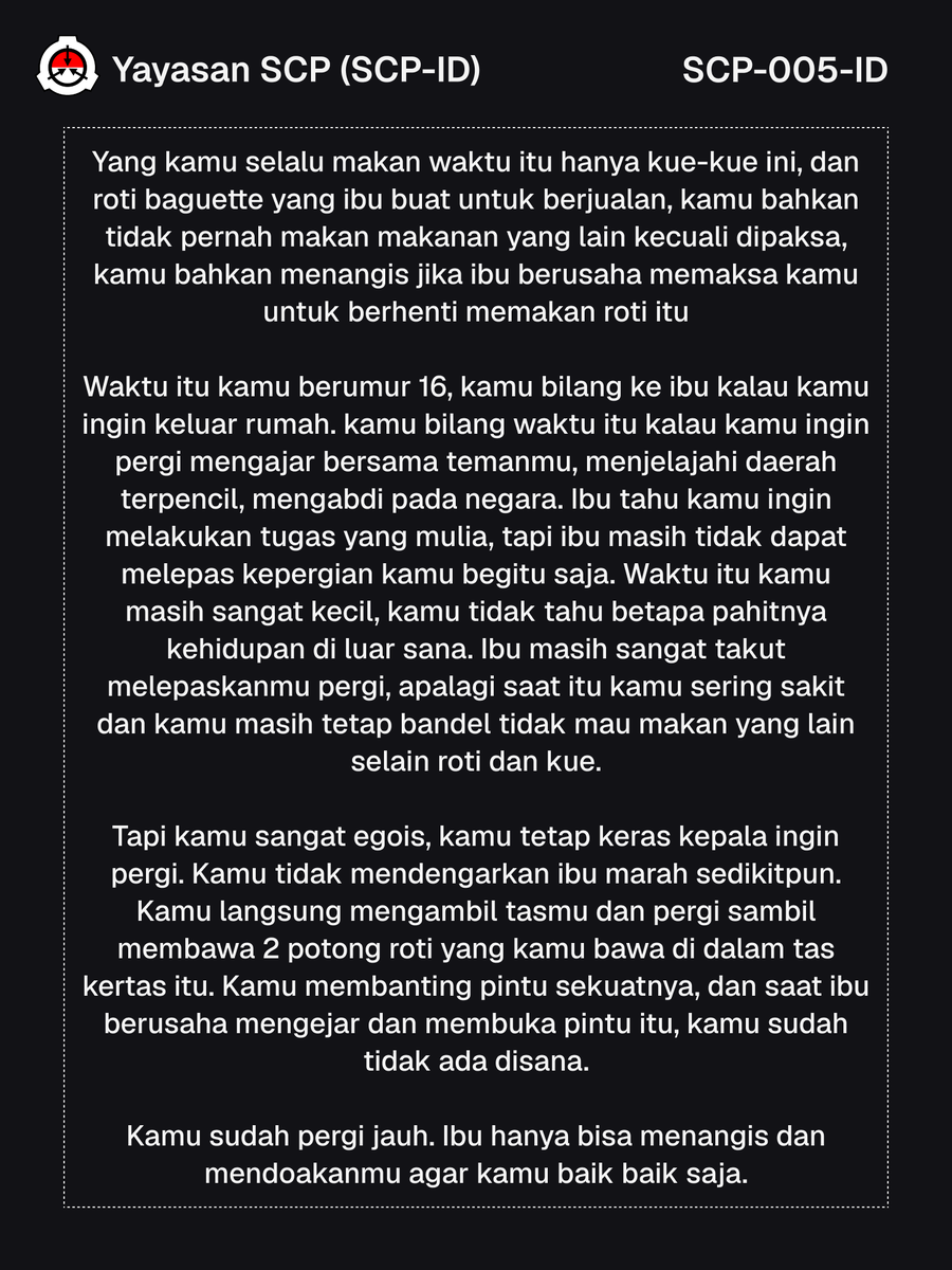 YayasanSCP's tweet photo. SCP-005-ID - Nyonya Baguette (3/3)
SCP-005-ID ditulis oleh T-thalia
https://t.co/uqPND9PAIE
#scp #scpfoundation #scpindonesia #scpid #yayasanscp https://t.co/6Ylx0tKcLI