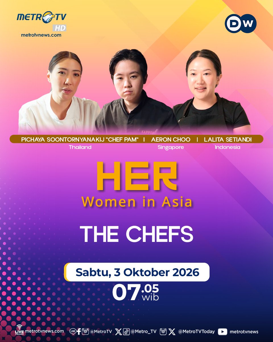Metro_TV's tweet photo. Bagaimana perempuan Asia menunjukkan eksistensinya di industri kuliner yang masih didominasi laki-laki? Simak kisah sukses, tantangan, dan tren yang membentuk dunia kuliner saat ini.
Saksikan #HerWomenInAsia "The Chefs" Sabtu, 3 Oktober 2026 pukul 07.05 WIB.
#ProgramDW #Her #WomenInAsia