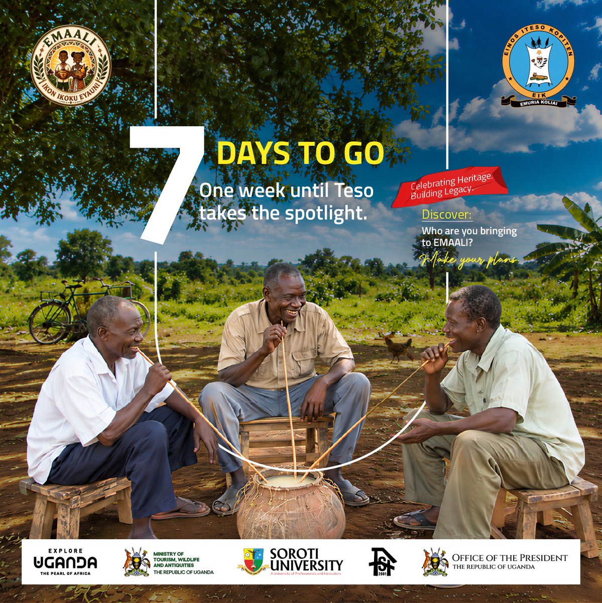ExploreUganda's tweet photo. 𝙾𝚗𝚎 𝚠𝚎𝚎𝚔 𝚞𝚗𝚝𝚒𝚕 𝚠𝚎 𝚌𝚎𝚕𝚎𝚋𝚛𝚊𝚝𝚎 𝚃𝚎𝚜𝚘’𝚜 𝚑𝚎𝚛𝚒𝚝𝚊𝚐𝚎 𝚊𝚝 𝚝𝚑𝚎 𝙴𝙼𝙰𝙰𝙻𝙸 𝙲𝚞𝚕𝚝𝚞𝚛𝚊𝚕 𝙵𝚎𝚜𝚝𝚒𝚟𝚊𝚕.

Make plans to discover the region’s food, music, dance, crafts and stories, and connect with the traditions that enrich Uganda’s cultural identity.

📍: 24th–25th October | Kololo Ceremonial Grounds.

#ExploreUganda | #EmaaliCulturalFestival