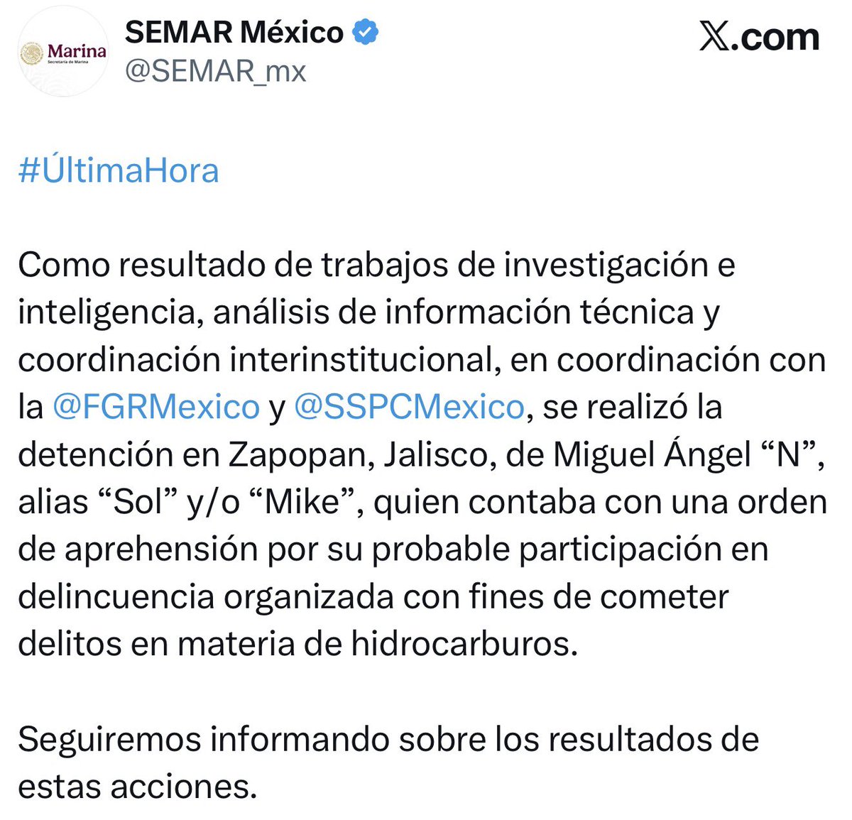 azucenau's tweet photo. 🚨#ÚLTIMAHORA Detienen a “El Capitán Sol” en Zapopan, Jalisco

Miguel Ángel Solano Ruiz, alias “El Capitán Sol”, “Sol” o “Mike”, fue detenido tras trabajos de investigación e inteligencia y coordinación entre autoridades.

La captura se realizó en conjunto con la @FGRMexico y @SSPCMexico, debido a una orden de aprehensión por su probable participación en delincuencia organizada relacionada con delitos en materia de hidrocarburos.

📸@VaxTamaulipas