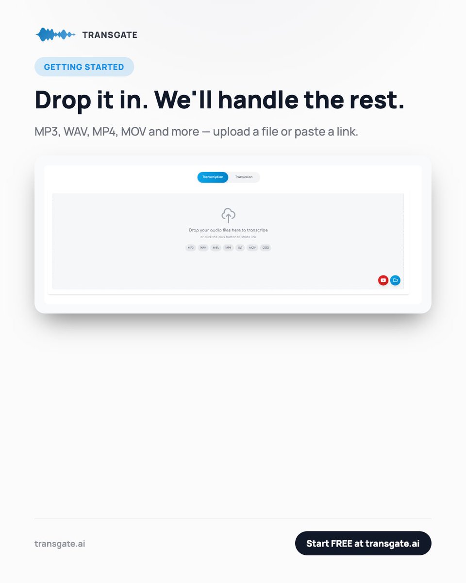 TransgateAI's tweet photo. Got an audio or video file? Just drop it in. 🎙️

MP3, WAV, MP4, MOV and more. Transgate handles the transcription so you can focus on what actually matters.

Simple. Fast. AI-powered.

Try it free at https://t.co/tFryDyqxT2 🚀

#Transgate #AI #Transcription #AITools #SpeechToText https://t.co/abRQ6KkTU4