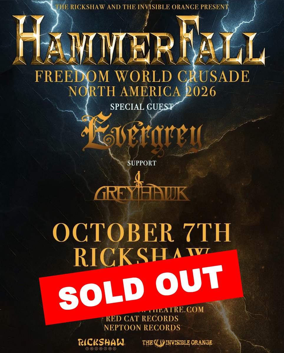 HammerFall's tweet photo. Templars, Vancouver is officially SOLD OUT! 🔨🔥
Thank you so much for making this happen! Make sure to grab your tickets to the other shows in time!
🎫 https://t.co/9qCJJIAMMS

Get your hammers ready! ⚒️🔥

#HammerFall https://t.co/5eIi7uj682