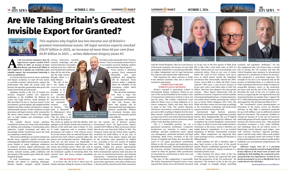 LDNDailyDigital's tweet photo. UK legal-services exports reached £10.97 billion in 2025, an increase of more than 60 per cent from £6.81 billion in 2021. @GregoryJonesQC comment in @LDNDailyDigital  - Are We Taking Britain’s Greatest Invisible Export for Granted? – London Daily Digital https://t.co/W4CtAH1Hd3 - @TheCLLS @sarahsackman @Kirsty_Brimelow @cityoflondon @charlesbclt  - More local London News on https://t.co/VJ4KcWeq5o - Digital Kiosk - https://t.co/XlZt5dJao3