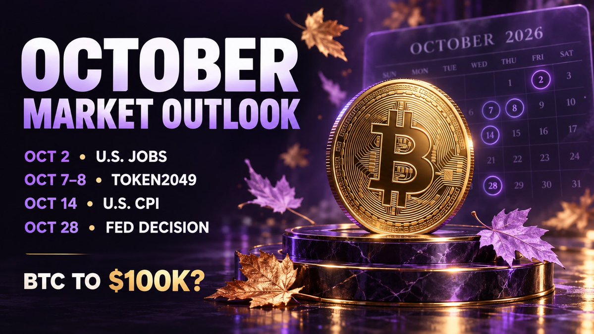 dollar_watching's tweet photo. 🍁 October: What’s Ahead for the Market?

“Uptober” optimism meets a busy calendar. Here are the key events to watch 👇

📄 October 2 — U.S. jobs report
October 14 — U.S. CPI
Employment and inflation data will help shape expectations for the Fed’s next move. Both releases are scheduled for 8:30 AM New York time.

👤 October 7–8 — TOKEN2049 Singapore
Watch for product launches, partnerships and announcements from crypto projects. 

🏦 October 28 — Fed rate decision
The Fed raised rates to 3.75–4% in September. Another hike remains a possibility, but the outcome is far from settled. Tighter policy could put pressure on crypto and stocks. 

📈 Earnings season
Corporate results and guidance will also help shape market sentiment.

October has historically been strong for the S&P 500 in U.S. midterm election years: an average gain of 3%, with positive returns 73.7% of the time, according to Carson Group data. History offers context—not a guarantee.