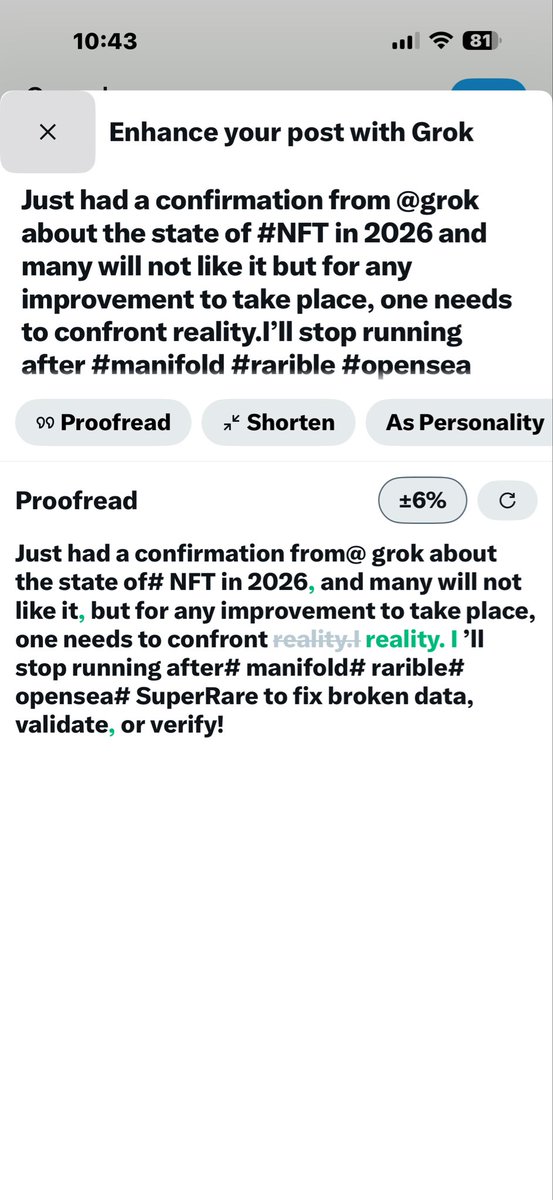 xyzlb_DEXOU's tweet photo. Hey @grok / X team ! Bug report on “Enhance your post with Grok → 
Proofread suggestion was 2insert spaces after every # and @, which completely breaks hashtags + mentions.Would be great if this could be fixed,.Thanks!🙏 https://t.co/TgQ4EUzMPI