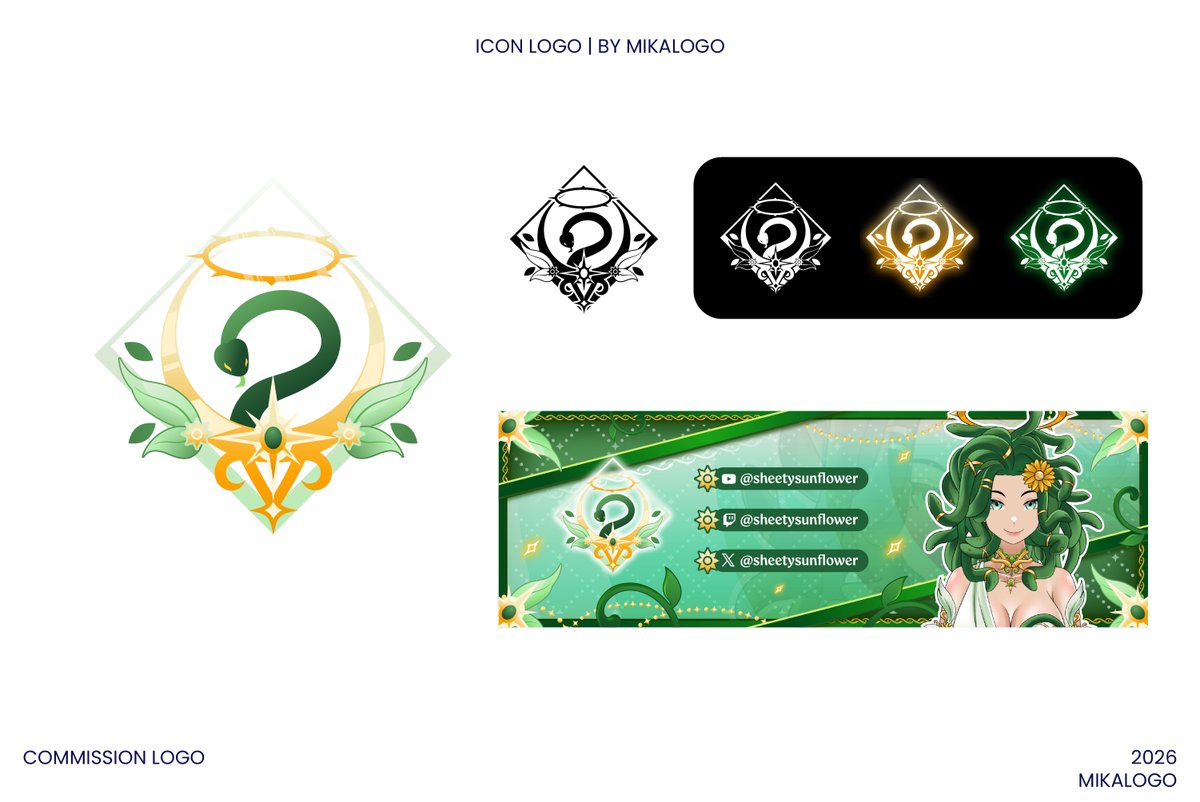 MikaLogo's tweet photo. PORTFOLIO UPDATE ]
Its an Honour to design a Icon  style logo , really had fun and was excited while making the logo 😄😄.

Go support : @sheetysunflower 

Theme : Icon logo, green , medusa, 

#VtubersEN #vtuberart #jrpg #vgen #vtuberfr #logo #fiverr #vtuber #supportvtuber https://t.co/RsHCCfTihV