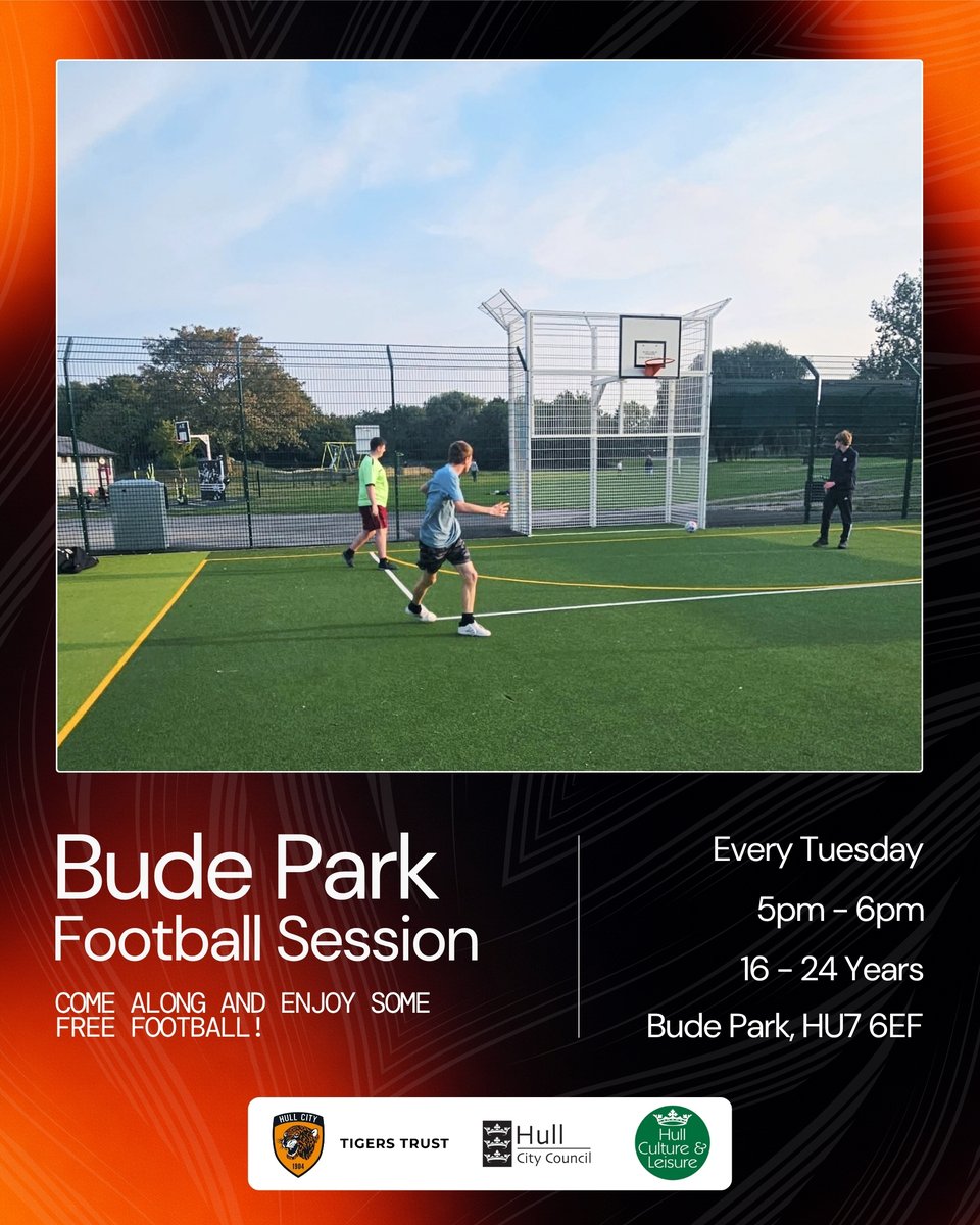 tigerstrust's tweet photo. Join our free football sessions at Bude Park (HU7 6EF) every Tuesday from 5pm to 6pm for 16 to 24 year-olds!   🙌

No booking needed, just turn up, meet new people, and enjoy football in a friendly and welcoming environment. ⚽️

Come along and join us! 👋

#hcafc https://t.co/SNDg4z0Gk3