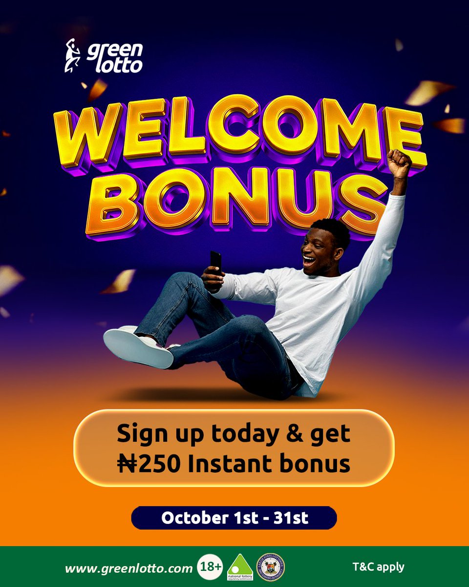 GreenlottoNg's tweet photo. OCTOBER WELCOME BONUS!

Ready to get started with Green Lotto? Sign up and qualify for a ₦250 Instant Bonus!

📅 Valid from 1st–31st October 2026

Create your account today and explore what Green Lotto has to offer.

🌐 https://t.co/XNOG1aOqBP

#GreenLotto #WelcomeBonus #OctoberPromo #GreenLottoNG #PlayResponsibly