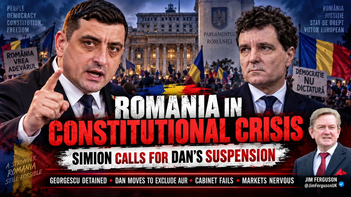 JimFergusonUK's tweet photo. 🚨 ROMANIA’S POLITICAL CRISIS IS NOW ENTERING A CONSTITUTIONAL PHASE

This is no longer just about protests.
It is no longer just about Călin Georgescu.

And it is no longer just about another failed government.

Romania is now facing a direct confrontation between the presidency, Parliament and the country’s largest opposition force.

President Nicușor Dan has said openly that he will make it a condition of the next government-formation process that AUR is kept out of government, arguing that an AUR presence would damage Romania’s relationships with its security partners and the European Union. 

At the same time, George Simion is calling for Dan’s suspension and AUR is refusing to support another government while Călin Georgescu remains detained.

Georgescu is currently being held for 30 days in a fraud investigation after prosecutors successfully appealed an earlier decision that had left him under judicial control. He denies wrongdoing. 

Meanwhile, Siegfried Mureșan’s proposed government has already collapsed in Parliament after receiving only 182 votes — 51 short of the 233 required. 

President Dan is resisting early elections and will hold another round of consultations before nominating yet another prime minister. 

And the political deadlock is now beginning to carry an economic cost.

Romania’s investment-grade credit rating is under pressure, the leu has weakened and borrowing costs have risen as investors watch the political crisis deepen. 

So look at the picture now:
Georgescu detained.
AUR demanding his release.
Simion calling for the president’s suspension.

Dan explicitly saying AUR must be kept out of government.
Another proposed cabinet rejected.

Fresh consultations beginning again.
Markets growing nervous.

This has moved far beyond ordinary coalition politics.
The central question is now this:

Can Romania still produce a government that commands both a parliamentary majority and broad public legitimacy — or is the country moving toward a deeper constitutional confrontation?

The next few days may prove explosive.
