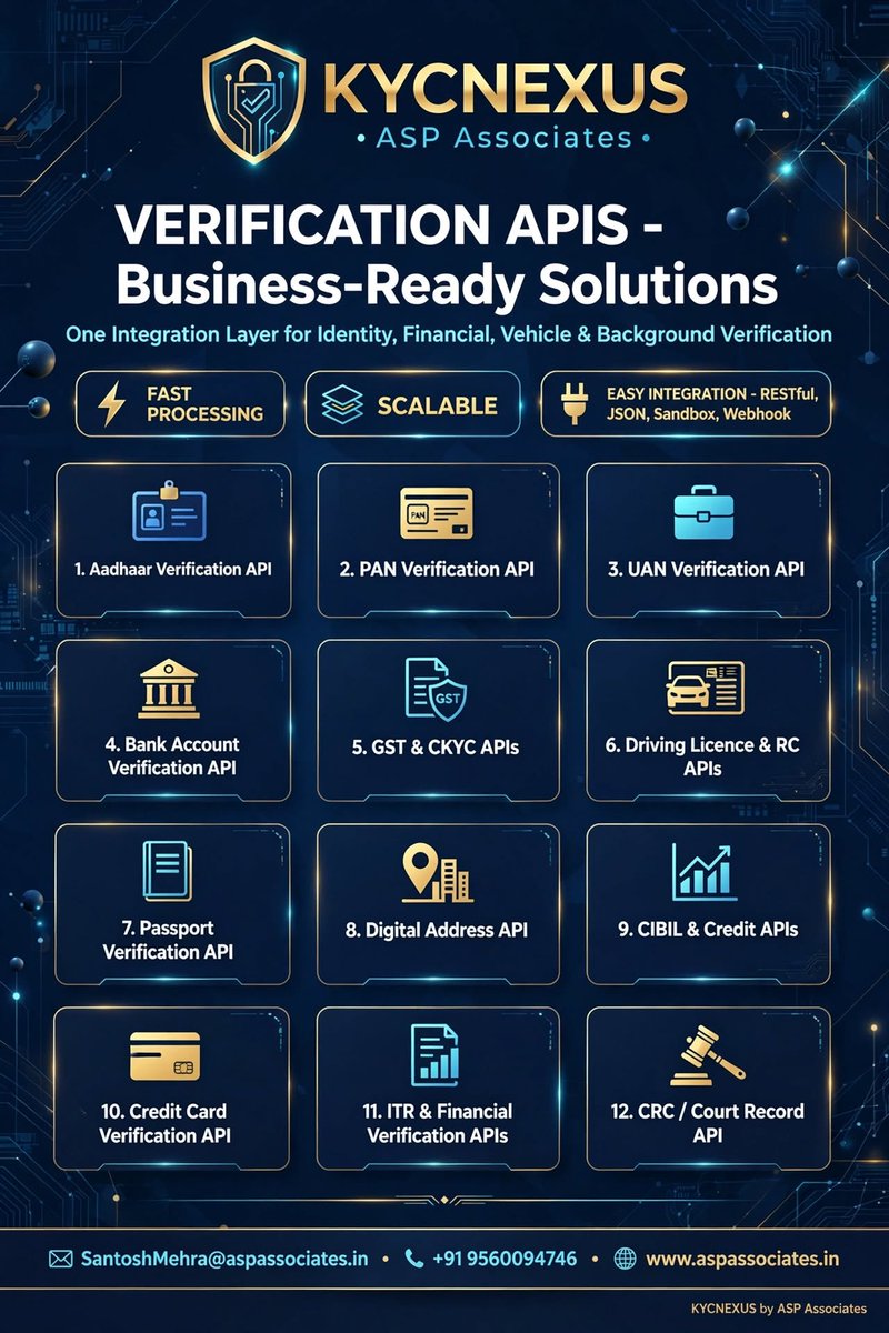 santoshmehra11's tweet photo. KYCNEXUS by ASP Associates | VERIFICATION APIS — Business-Ready Solutions
#VerificationAPI #KYCNEXUS #ASPAssociates #AadhaarAPI #PANVerification #BankVerification #GST #CKYC #DLVerification #PassportVerification #CIBIL #ITRVerification #CRC #HRTech #FinTech #KYC #API https://t.co/HkkltzCZ87