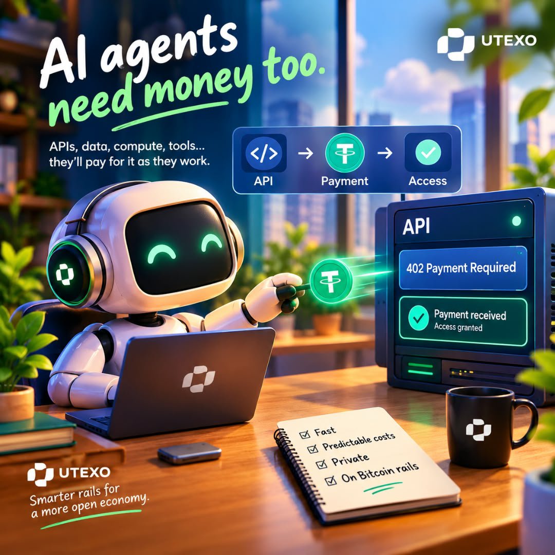 ede4945's tweet photo. AI agents are going to need to pay for things as they work.

APIs, data, compute, tools… an agent might need to make several payments just to complete one task.

That makes the payment layer pretty important. It has to be fast enough for the agent to keep moving, with costs it can actually predict.

I was thinking about how Utexo handles this with x402.

An agent requests an API, gets a 402 Payment Required, pays in native RGB USDT over Lightning, and gets access. The payment is part of the request itself.

And the infrastructure is already taking shape.

x402 gives the payment flow, Utexo Cloud handles the RGB + Lightning side, and the fee model gives payments a predictable cost.

You can start to imagine developers charging agents for APIs, services that agents pay for automatically, or wallets giving agents their own spending balances.

That’s a pretty interesting use case for native USDT on Bitcoin.

Fast payments, private execution and predictable fees, with the Bitcoin security model underneath.

The question is what developers will actually build around it.
 
@utexocom
#BTC #USDT #AiAgents #utexo