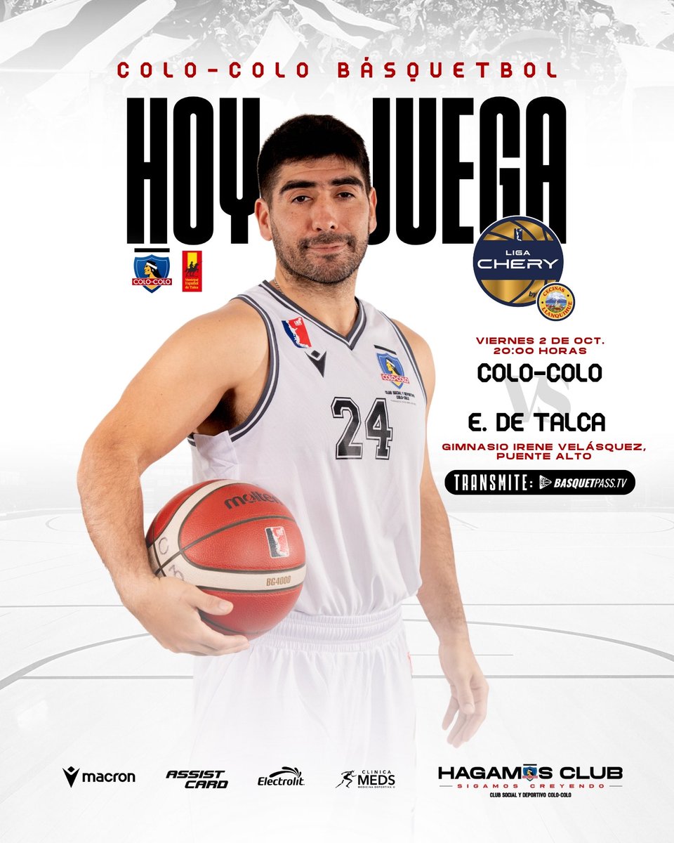 CSDColoColo's tweet photo. ¡𝐇𝐎𝐘 𝐉𝐔𝐄𝐆𝐀 𝐂𝐎𝐋𝐎-𝐂𝐎𝐋𝐎 𝐁𝐀́𝐒𝐐𝐔𝐄𝐓!🏀🤟🏽

Los albos enfrentarán de local a Español de Talca en el gimnasio Irene Velásquez este viernes a partir de las 20:00 horas, en un decisivo duelo por la fase de permanencia de la Liga CHERY.

Por sanción, no hay venta de entradas disponibles para este encuentro. Puedes seguir el duelo por Basquetpass. 

¡A DAR LA VIDA HOY, ALBOS!💪🏽🔥