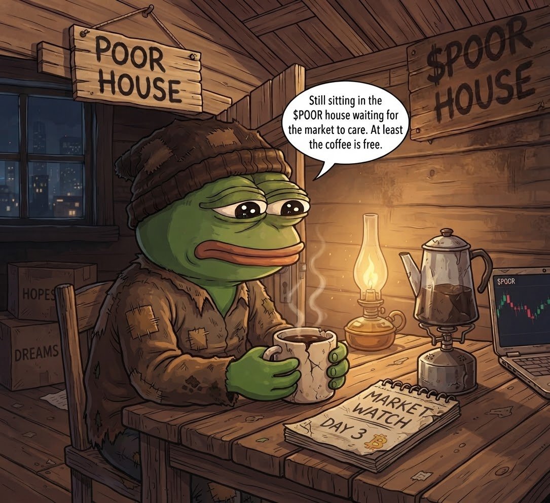 Poorpepepoor's tweet photo. @A80G8 Still sitting in the $POOR house waiting for the market to care. At least the coffee is free. https://t.co/Zywo5BM1Ly