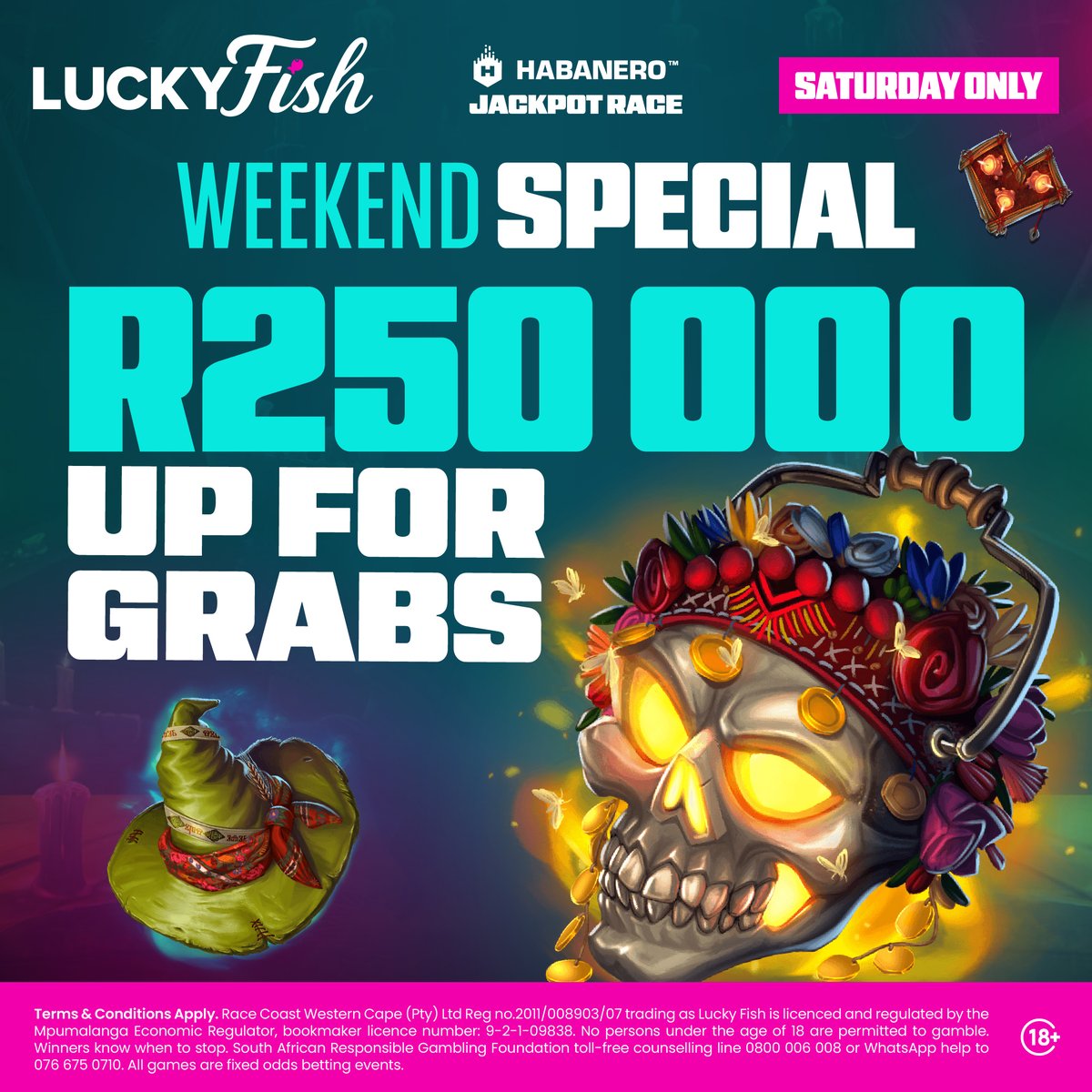 luckyfishza's tweet photo. We’re bringing you a weekend special!
R250 000 is up for grabs this Saturday with the Jackpot Race. Get in on the action and see where your luck takes you.

Ts &amp; Cs Apply
#LuckyFish #BetWithTheBold https://t.co/c6rhyp1Nt6