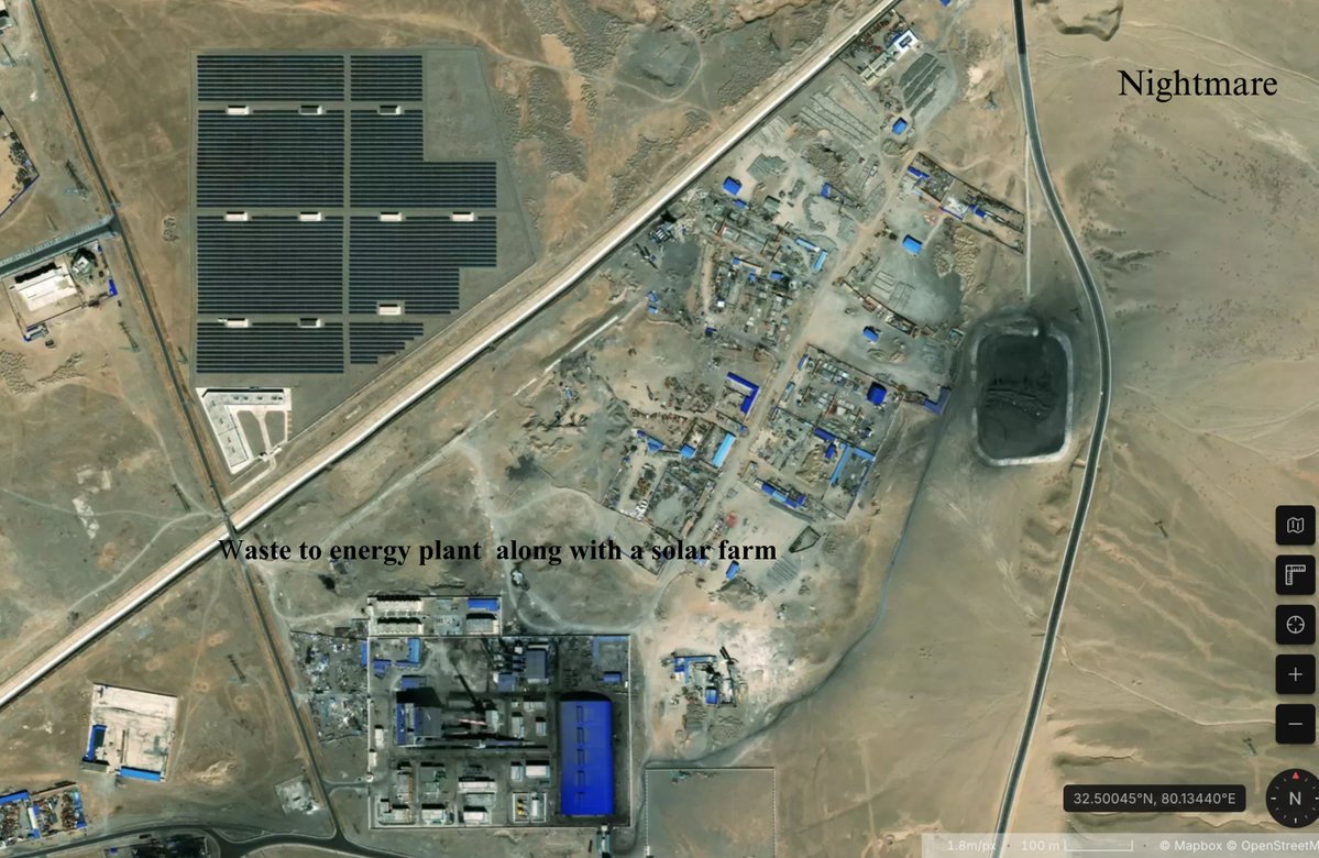 OsintNightmare's tweet photo. I have observed recent construction and military activity of the PLA(People's liberation Armed forces) across the Indian/Nepal border and  lets say they are extremely intresting .

The first image is from G42M+5QJ Shiquanhe, Gar County, Ngari Prefecture, Tibet (32.50045°N, 80.13440ºE though not updated in google maps with this latest imagery) we can see a huge town in the middle of a valley and it has a solar farm present next to quite a large Waste to power plant (my best guess), we can also see lots of construction activity going on around this structure .

The second image is from the same area just a little upwards a dam is present  though not seen in the image but whats more intresting is below the dam we can see a pit lake sort of area (again not updated in G earth its just a mud pit there) , and we can see the town spreading till here .

Third image is south of Gar county (32.42814°N, 79.99714°E) and shows a structure that looks like a maze which might  be a PLA training camp with structures built using sandbags or bricks , right outside this frame i noticed a huge camp quarters possibly for the troops .

Fourth Image is  again from F3XC+732 Shiquanhe, Gar County, Ngari Prefecture, Tibet, China(32.49813, 80.07014) and we can see multiple helipads with hardened shelters , this is located at the western end of the town/county but what catches my eye is this intresting symbol on the ground which resembles the PLA star/emblem on the top right of the image (can anyone tell what this exactly is).

I will look more into the buildup along the Indian border as this is vital knowledge to see whats going on in the otherside , i will try to upload more images as soon as possible .

Images sourced from Sentinal satellite aswell as Google Earth is used for reference (this is outdated).